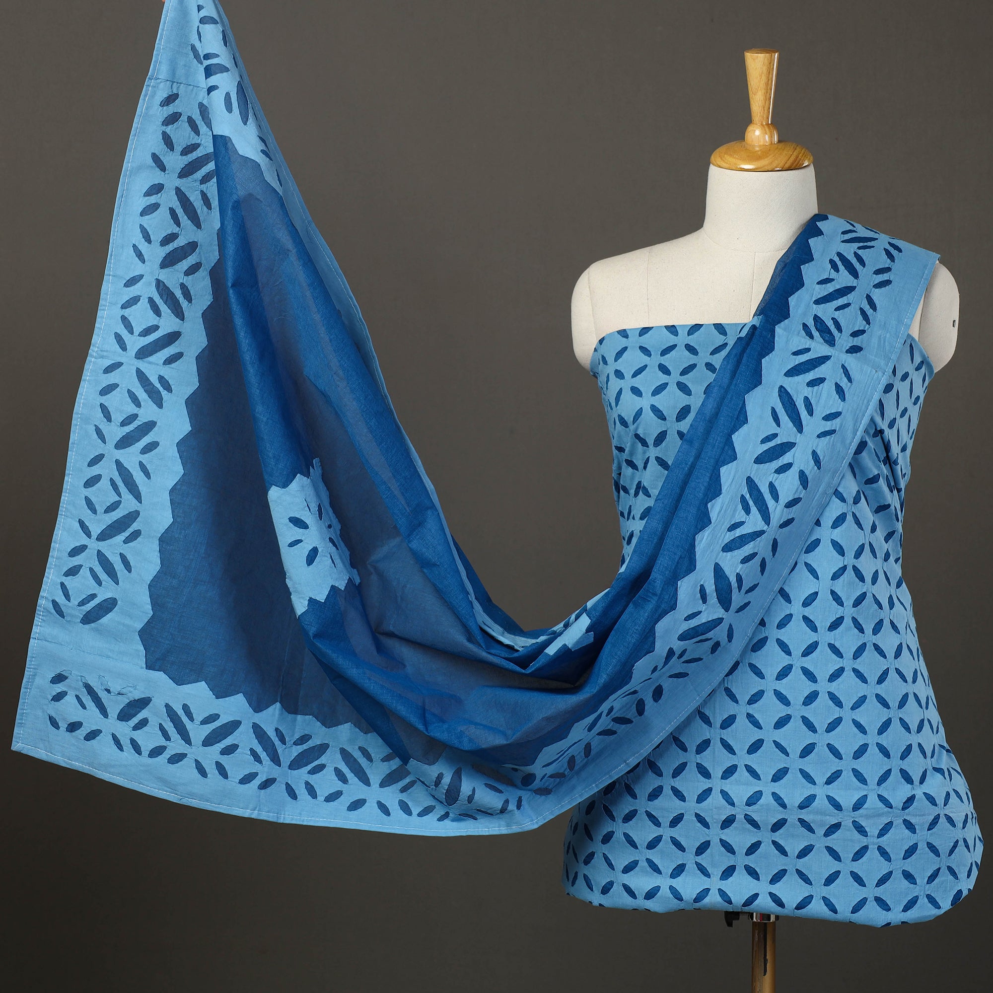 SHADES OF MARUDHARA Blue - 3pc Cut Work Cotton Barmer Applique Dress Material 23