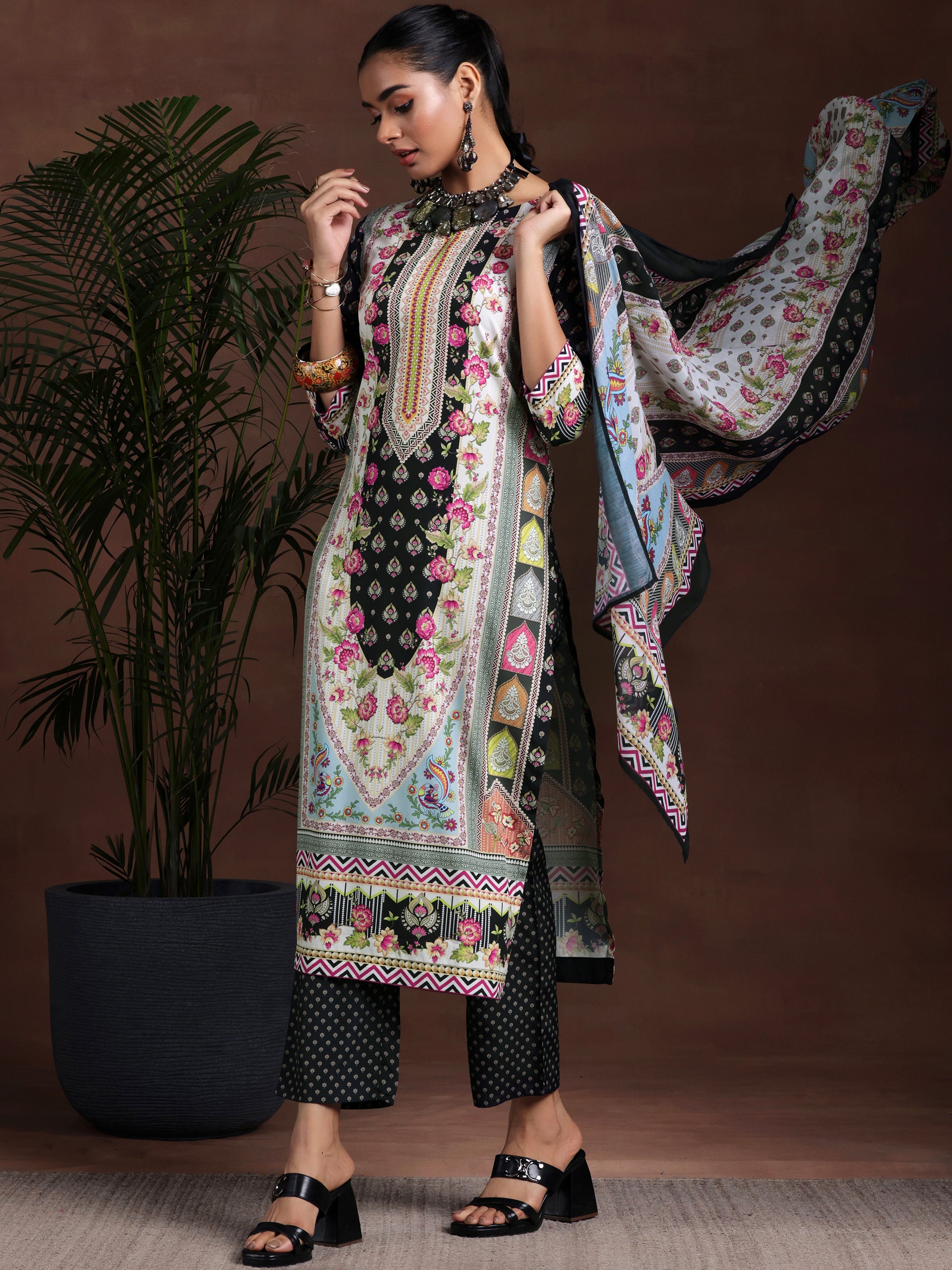 Libas Black Printed Poly Crepe Straight Suit With Dupatta