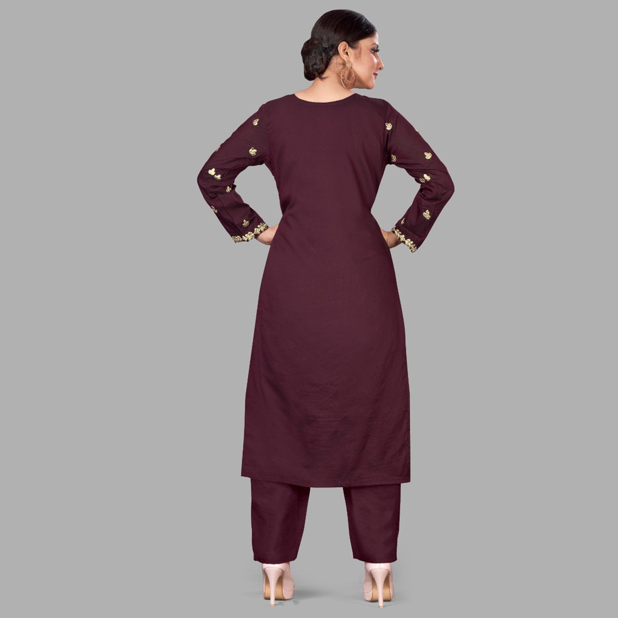 Peachmode Seller Brown Casual Wear Embroidered Pure Viscose Santoon Pallazo Suit - view 4