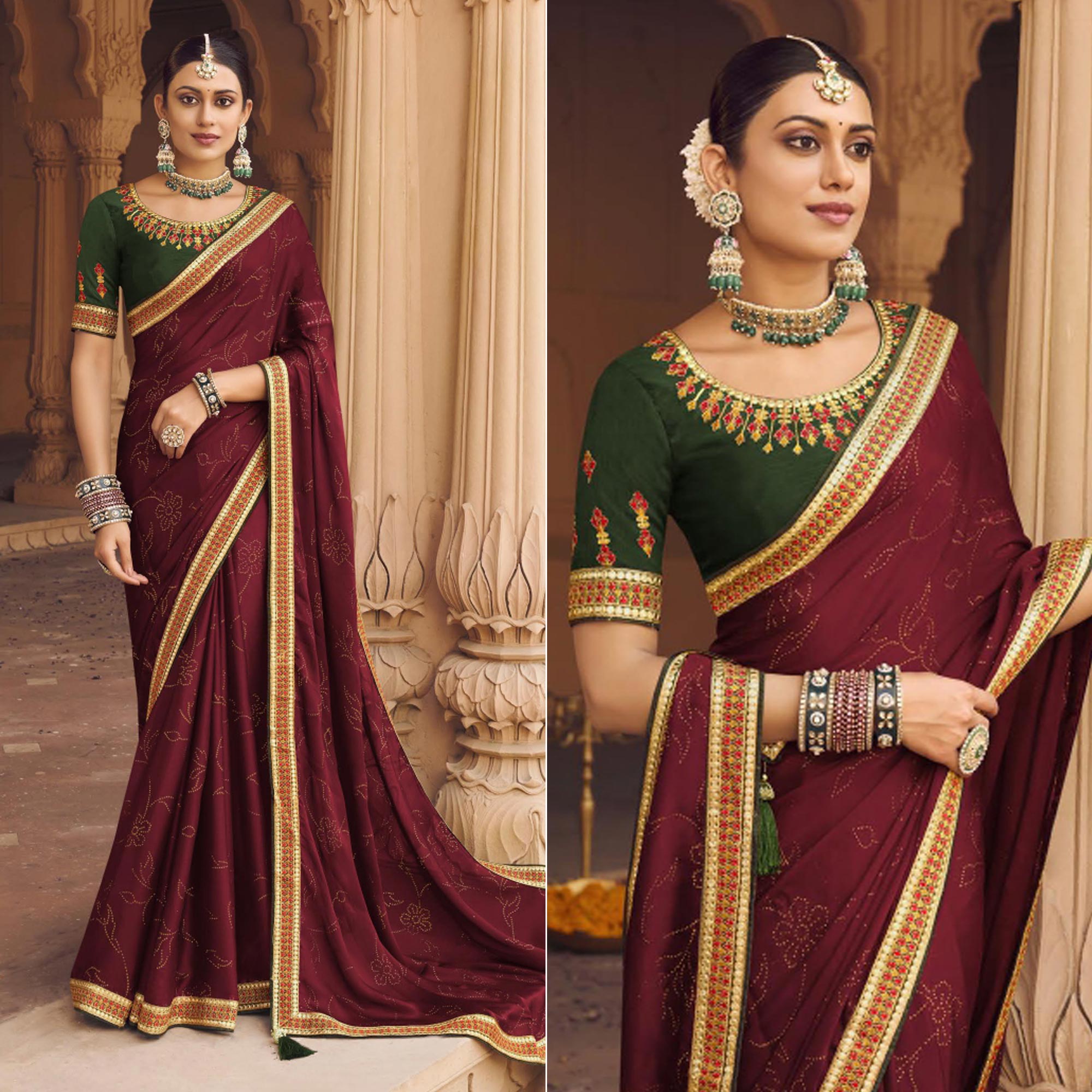 Peachmode Maroon Embellished With Embroidered Border Satin Saree