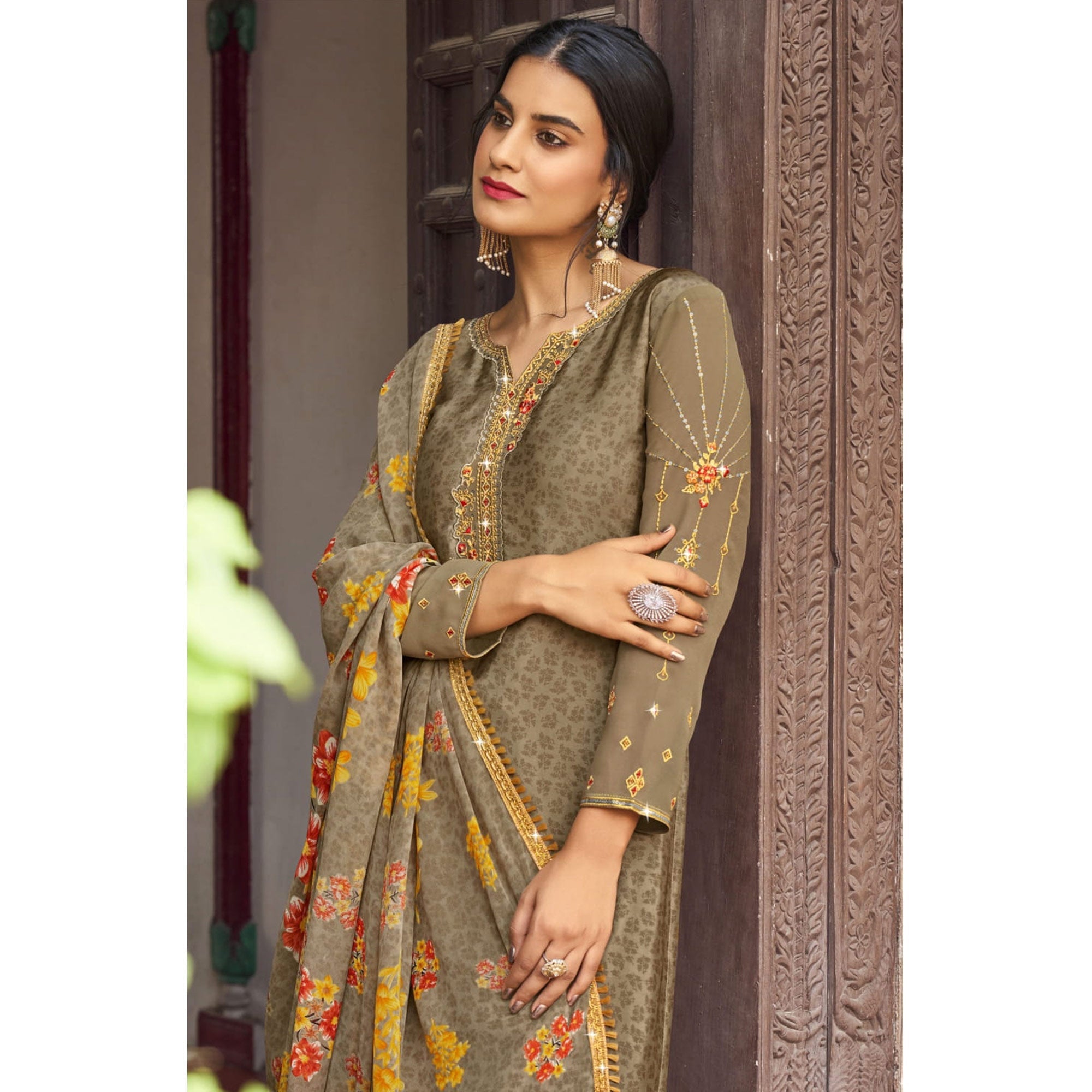 Peachmode Brown Floral Embroidered Crepe Patiala Suit - view 4