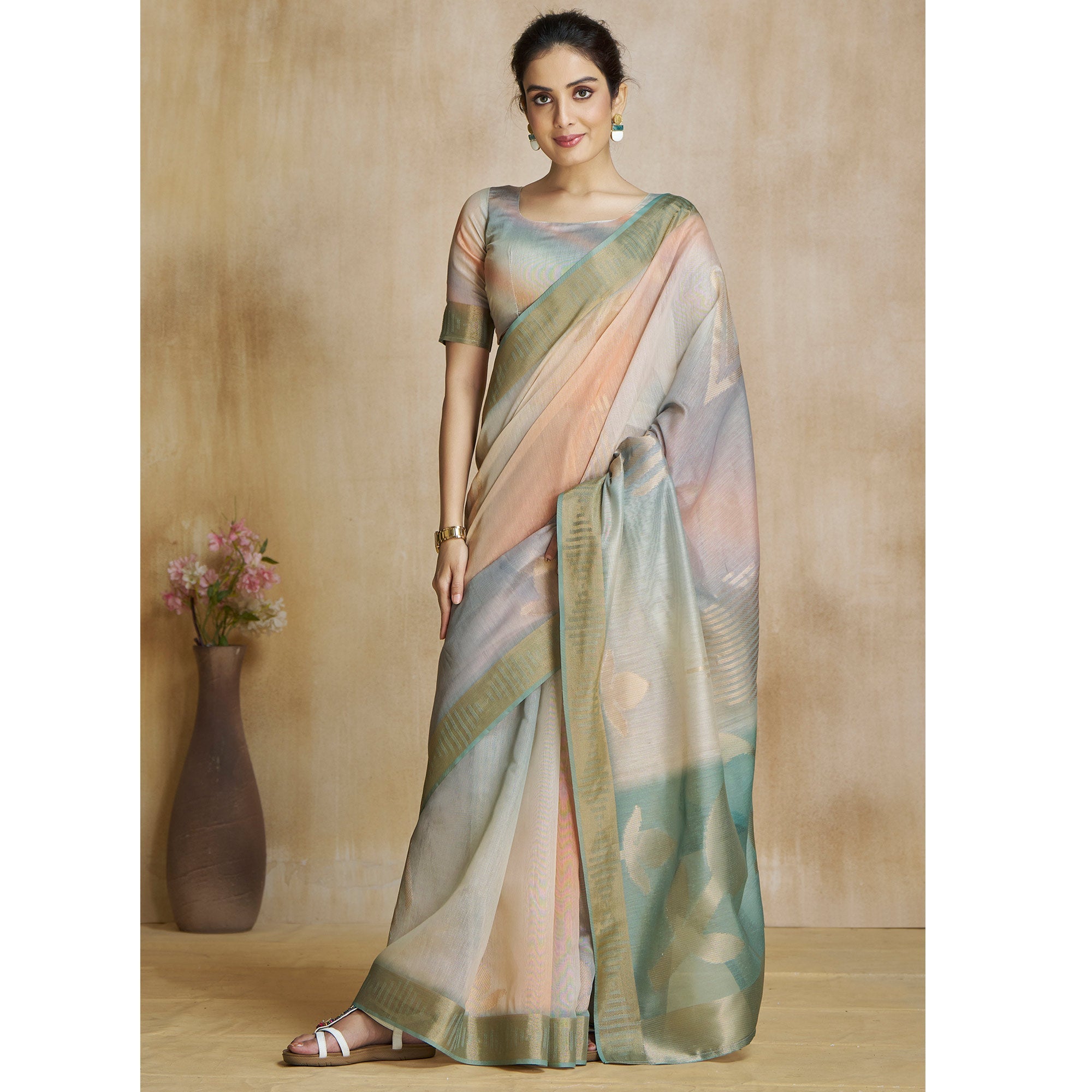 Peachmode Sea Green Digital Printed With Woven Pure Silk Ombre Saree - view 4