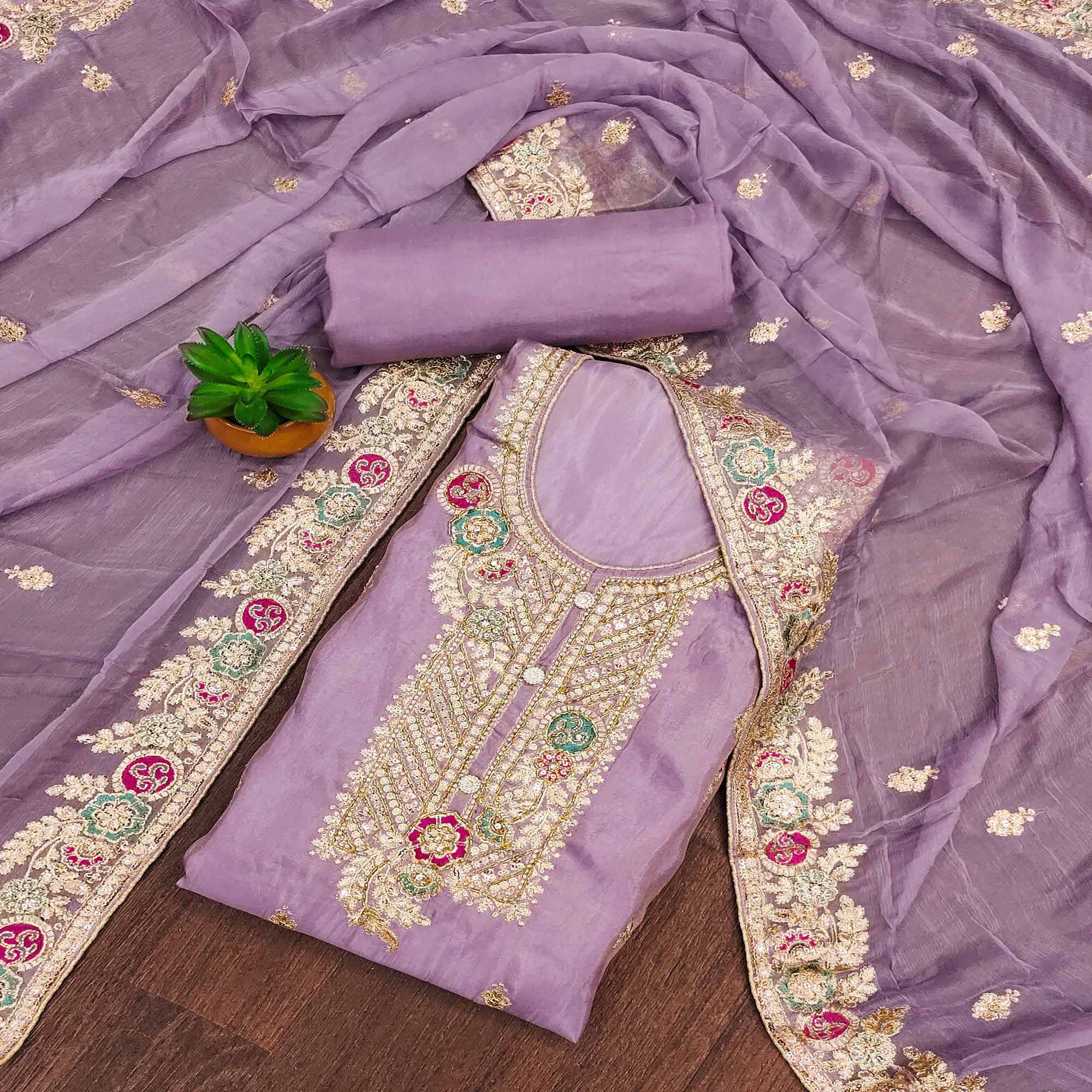 Peachmode Lavender Floral Sequins Embroidered Organza Dress Material