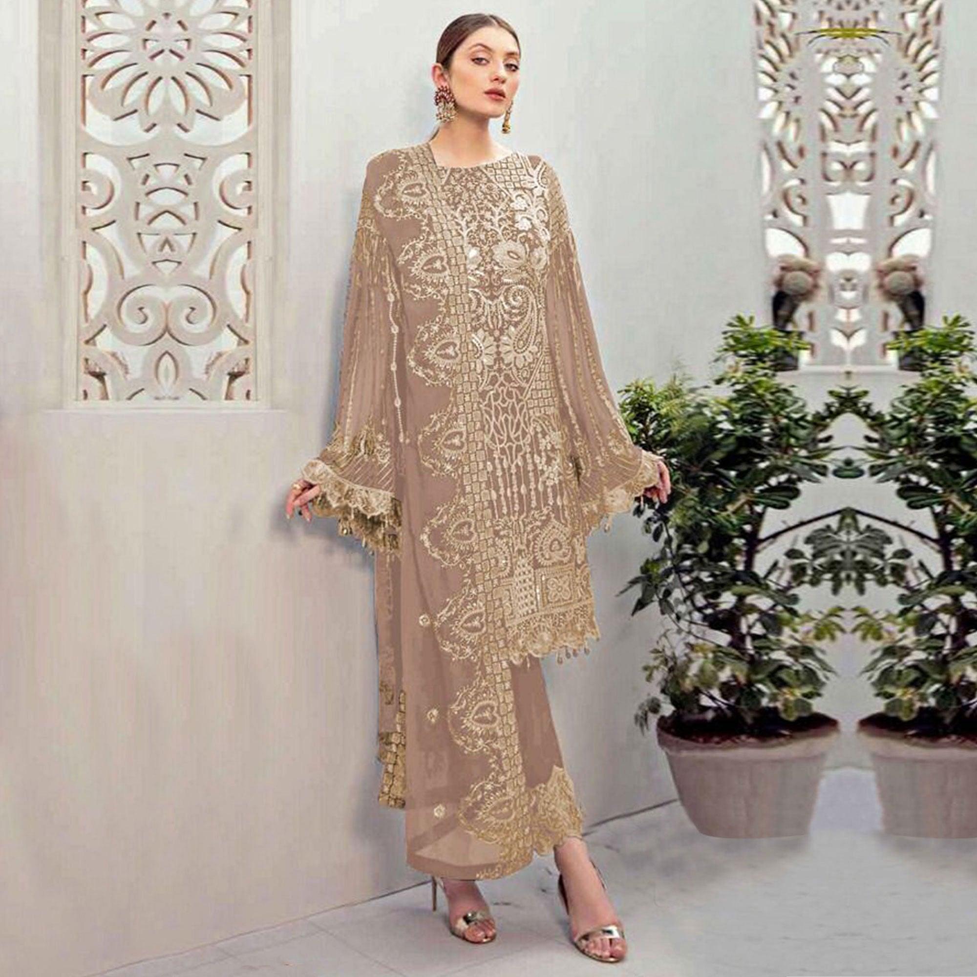 Peachmode Brown Partywear Embroidered Georgette Pakistani Suit