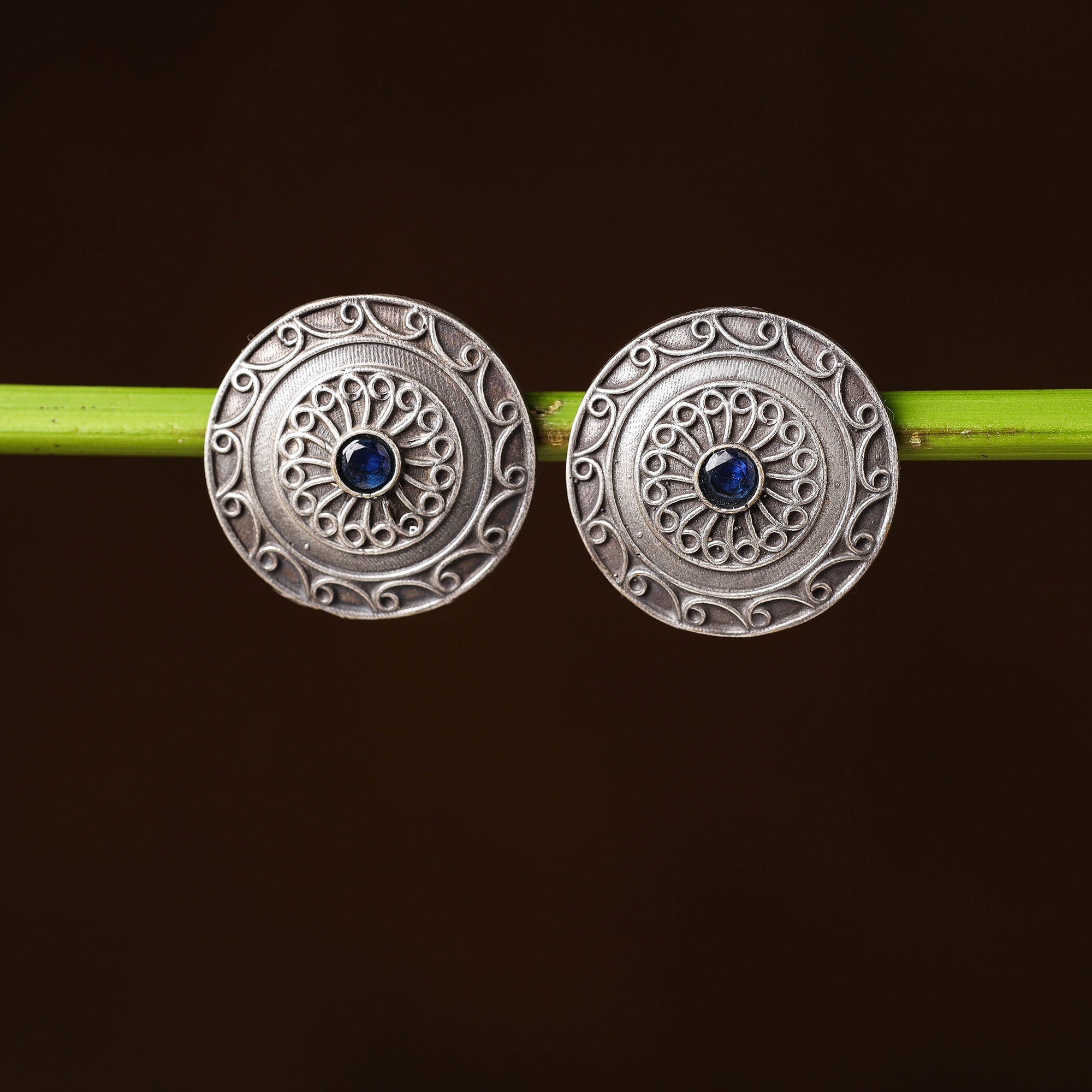 WHITE RIVER STORIES Antique Silver Finish Oxidised Brass Base Stone Work Stud Earrings