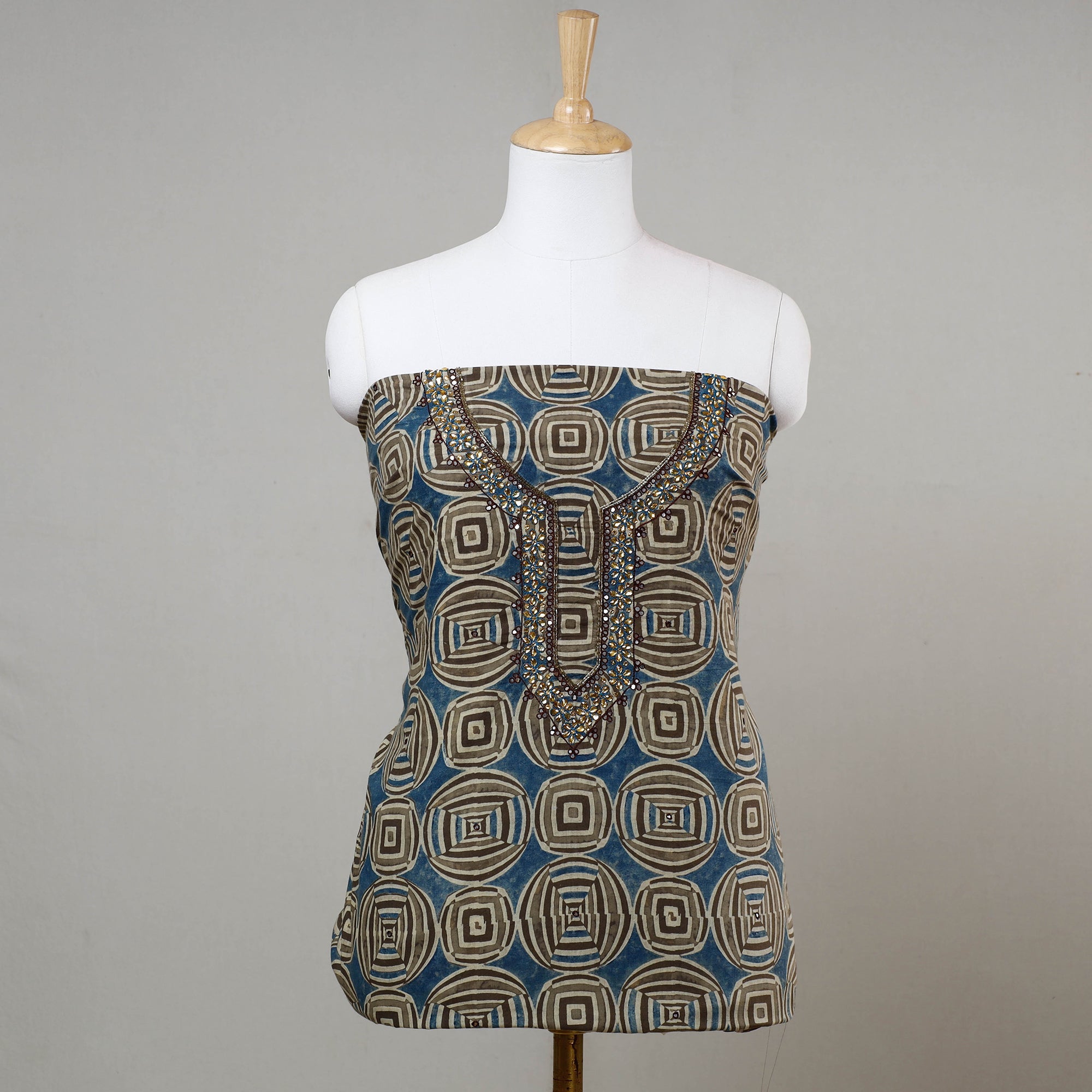 NOORI BAZAR Blue - Bead Work Embroidery Ajrakh Print Cotton Kurta Material - 2.5 meters