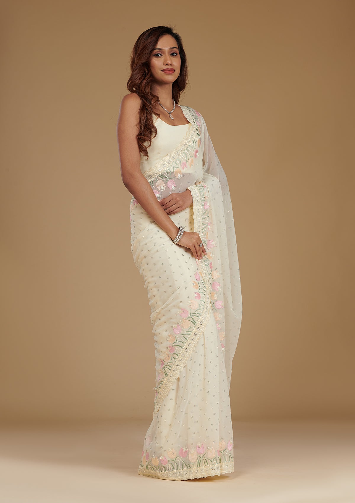 Koskii Cream Sequins Georgette Saree – Women's - view 5