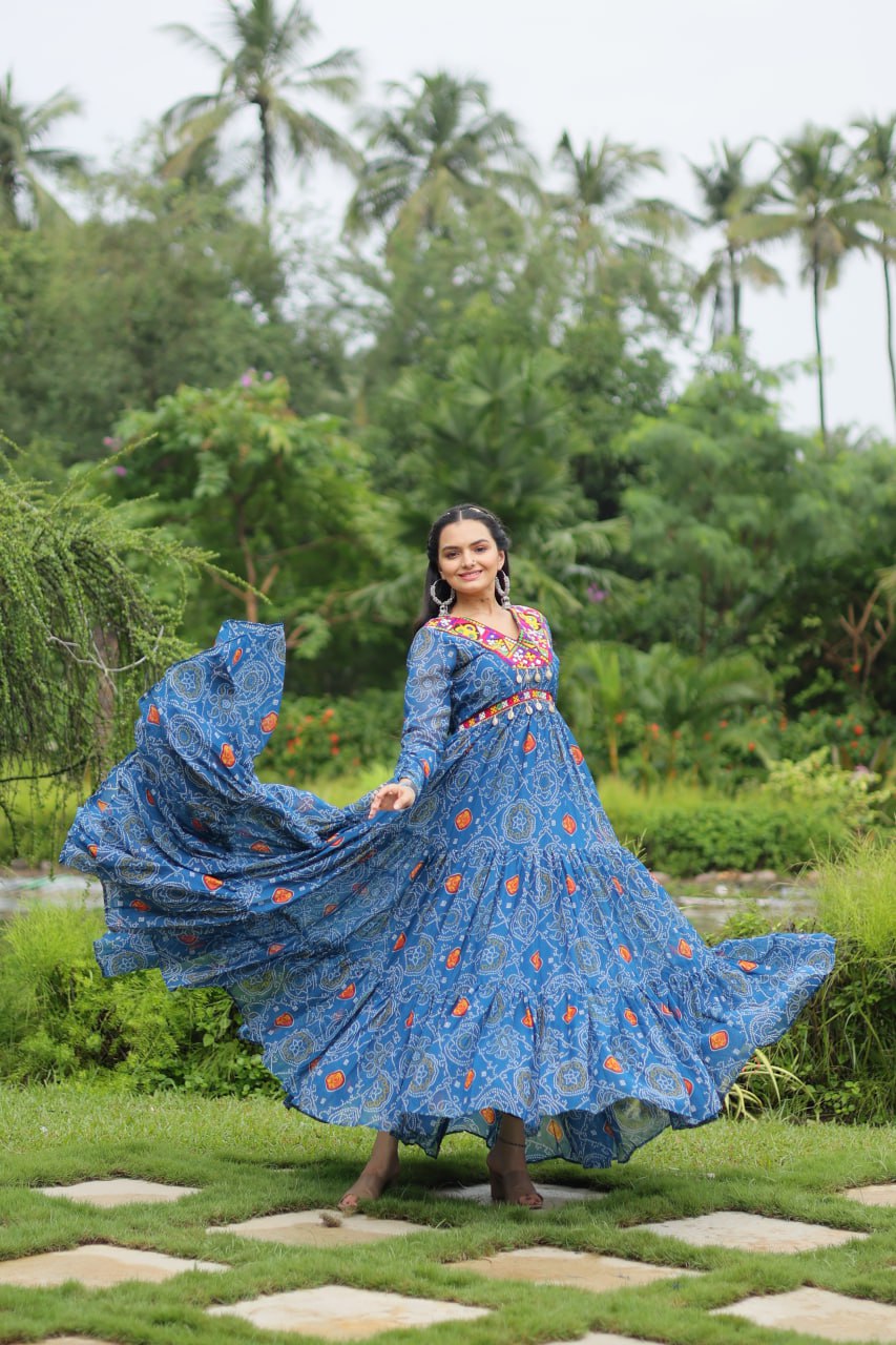 ClothsVilla Blue Elegant Bandhani Print Gown with Kutchi Patchwork in Faux Georgette
