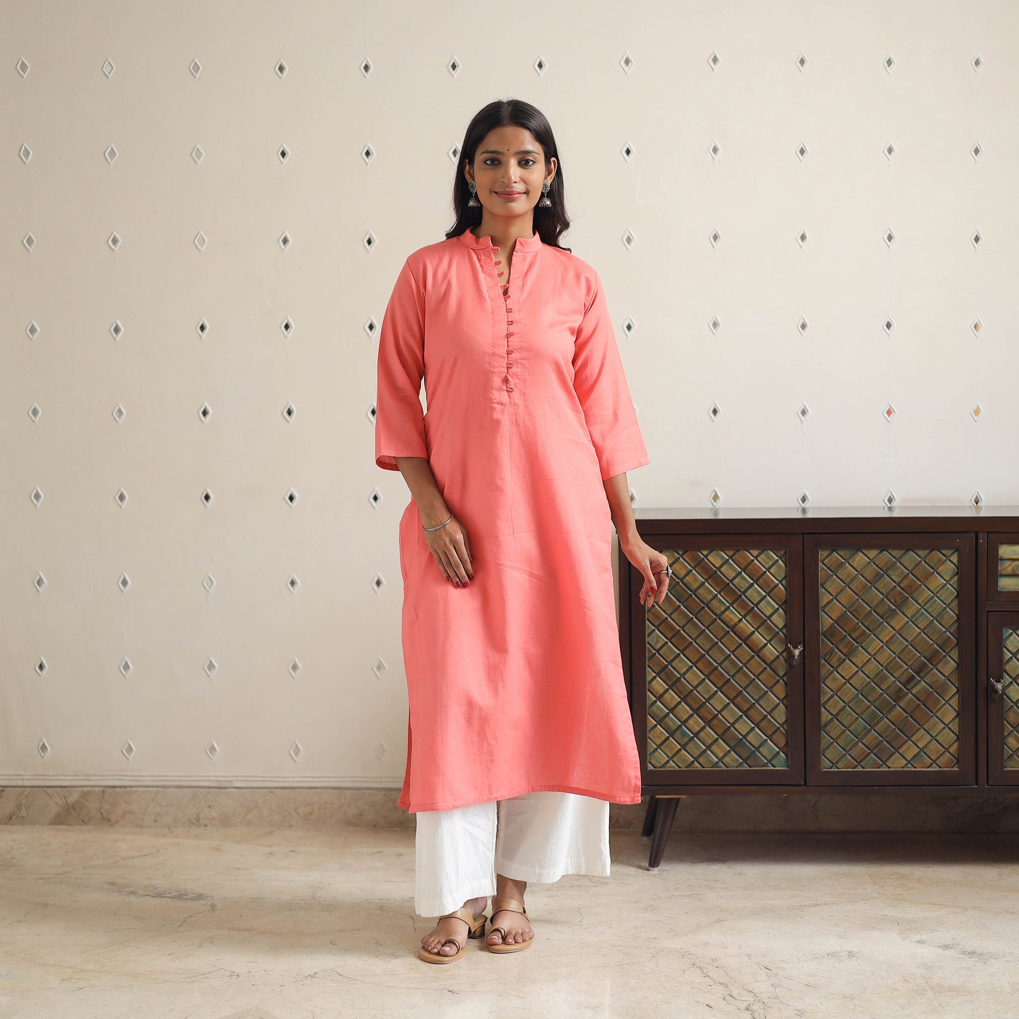 ITOKRI CASUALS Aarohi Peach Flex Cotton Straight Plain Kurta - view 2