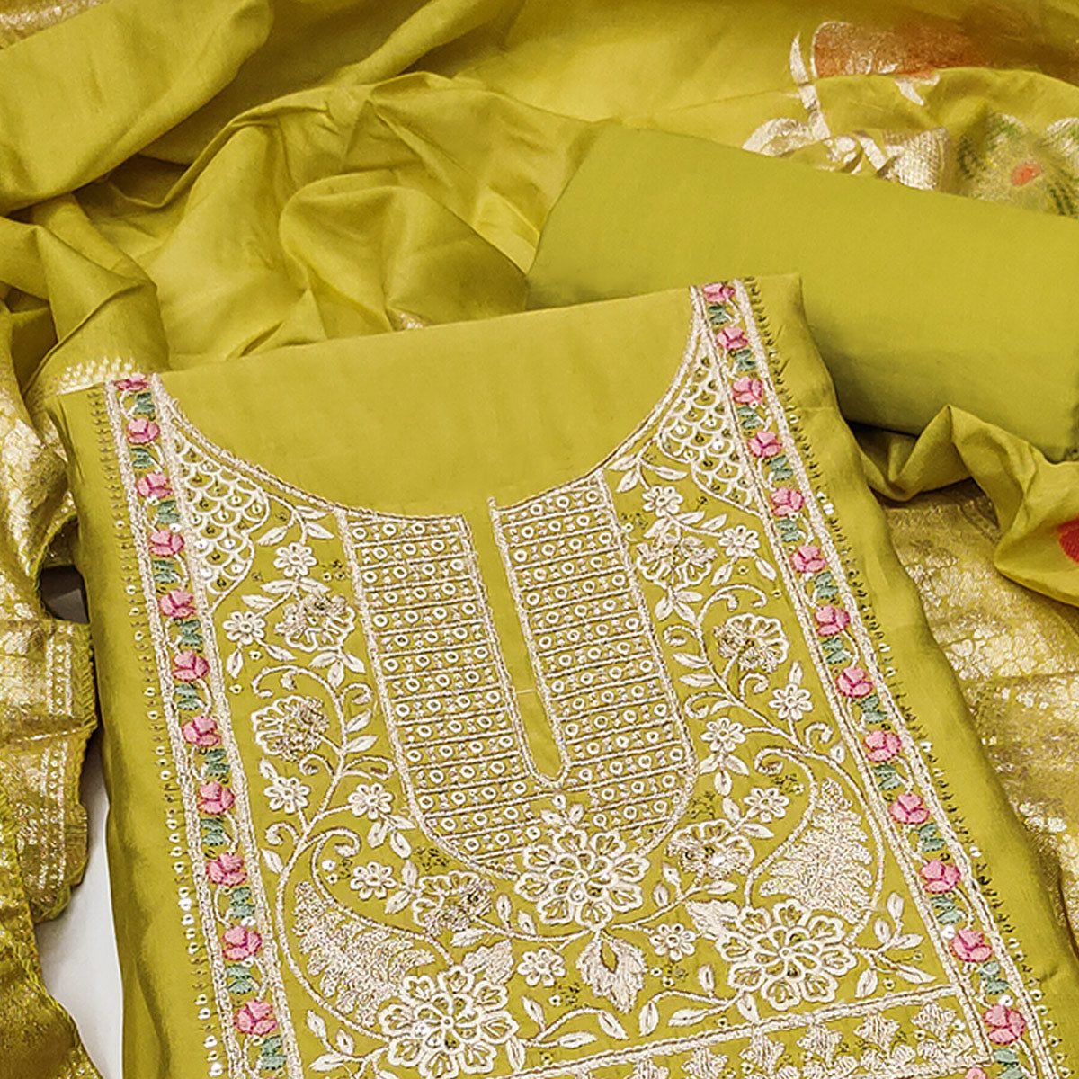 BlackTree green-floral-sequins-embroidered-roman-cotton-silk-dress-material-5 - view 2