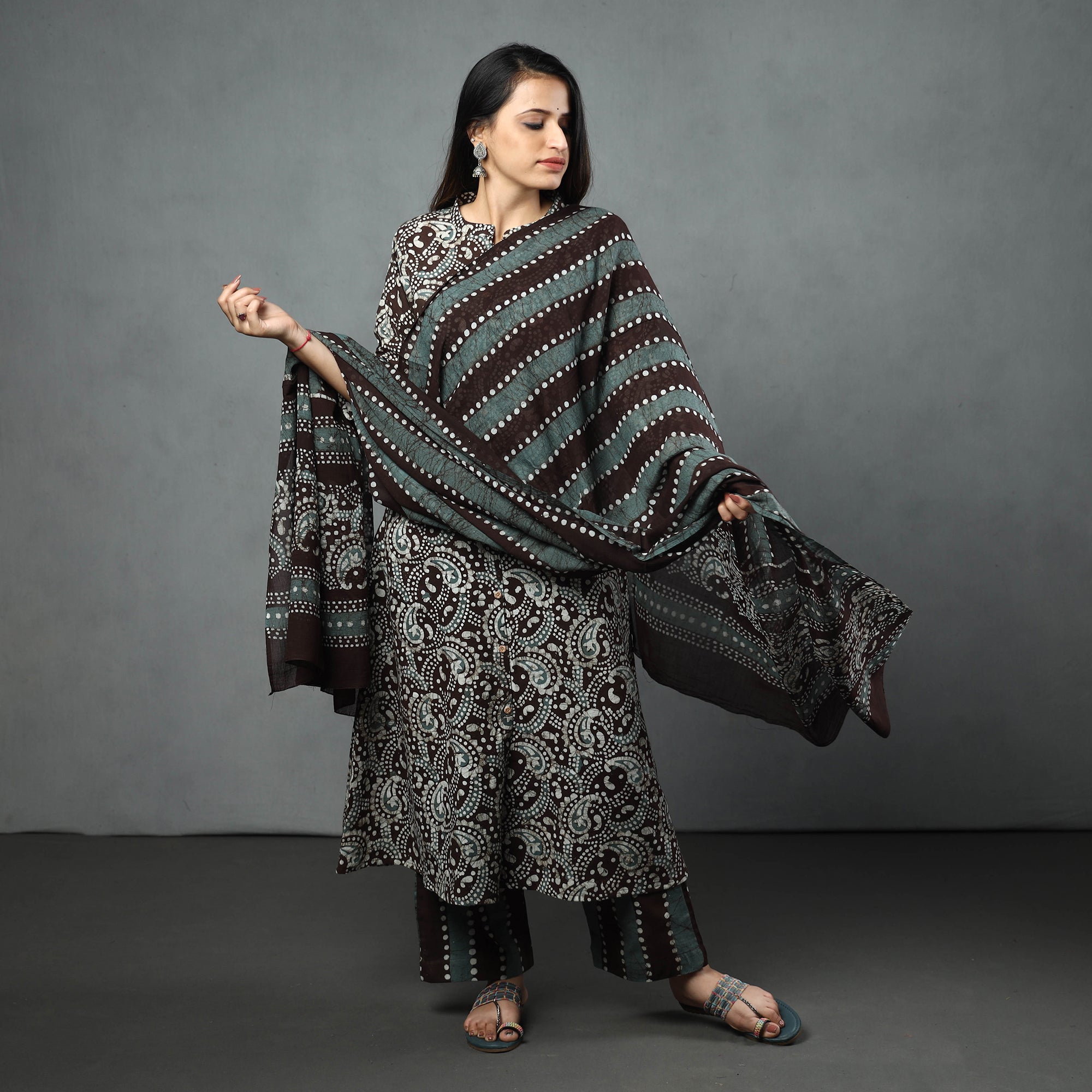 ITOKRI CASUALS Brown - Hand Batik Printed Cotton Kurta with Palazzo & Dupatta Set - view 2