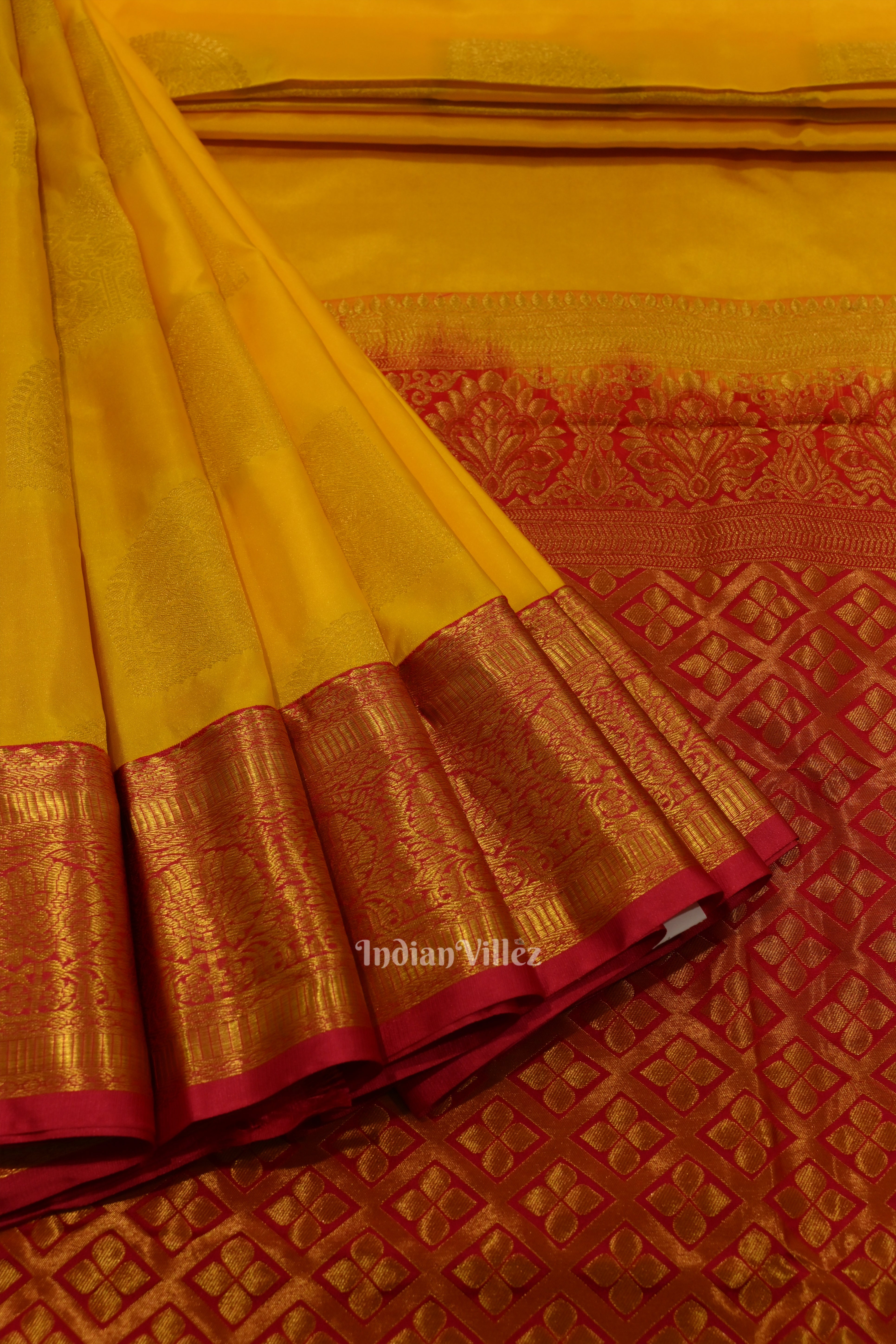 IndianVillèz Yellow Pink Pure Kanjivaram Silk Saree