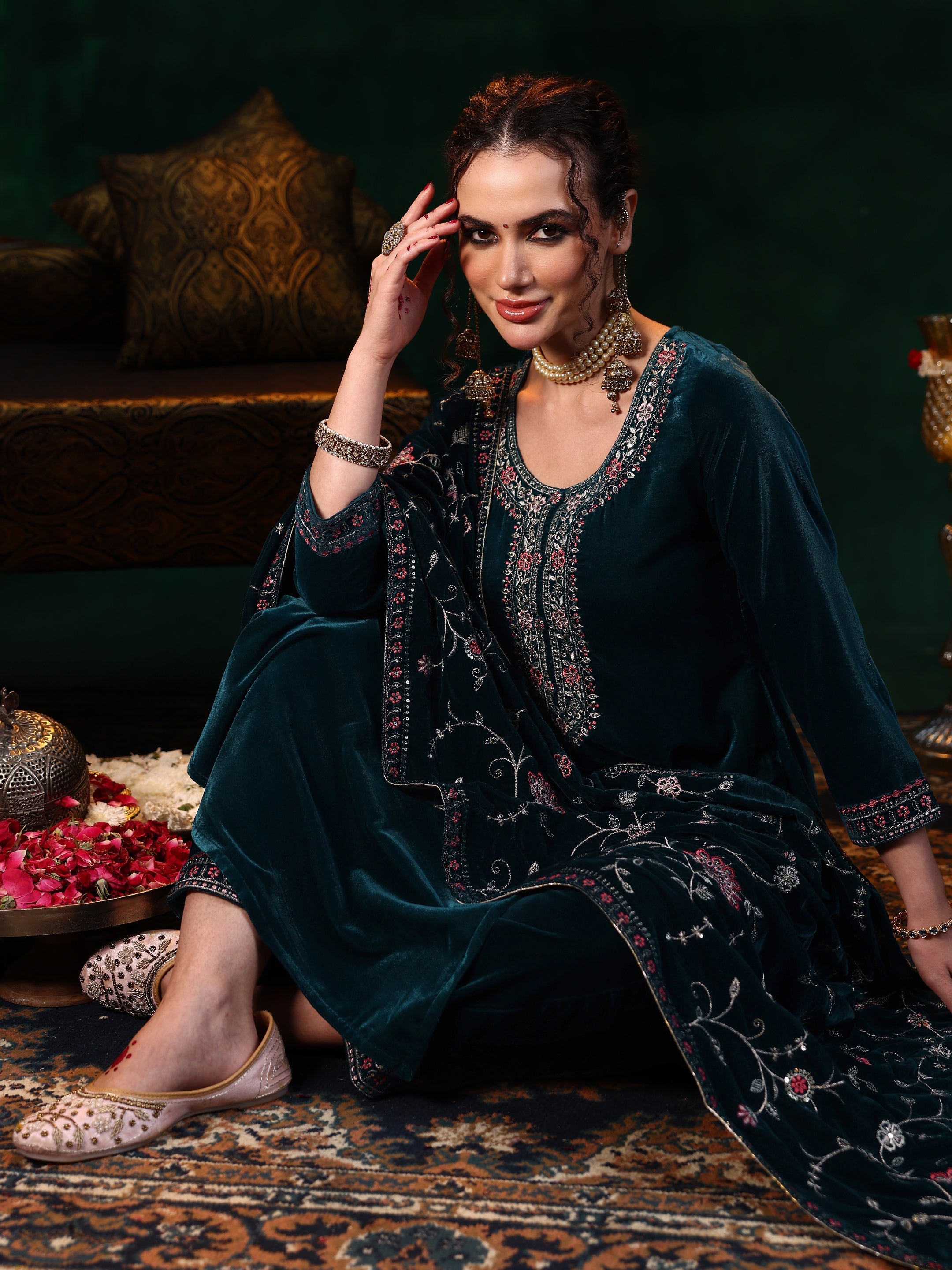 Libas Blue Yoke Design Velvet Straight Suit With Dupatta