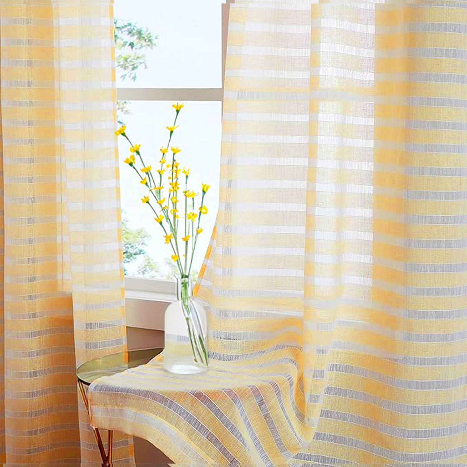 Urban Space -Home Furnishing Store Aari Collection Embriodered Sheer Curtains, 35-40 % Light Filtering Curtains - Pack of 2 - Horizontal Weaves Yellow