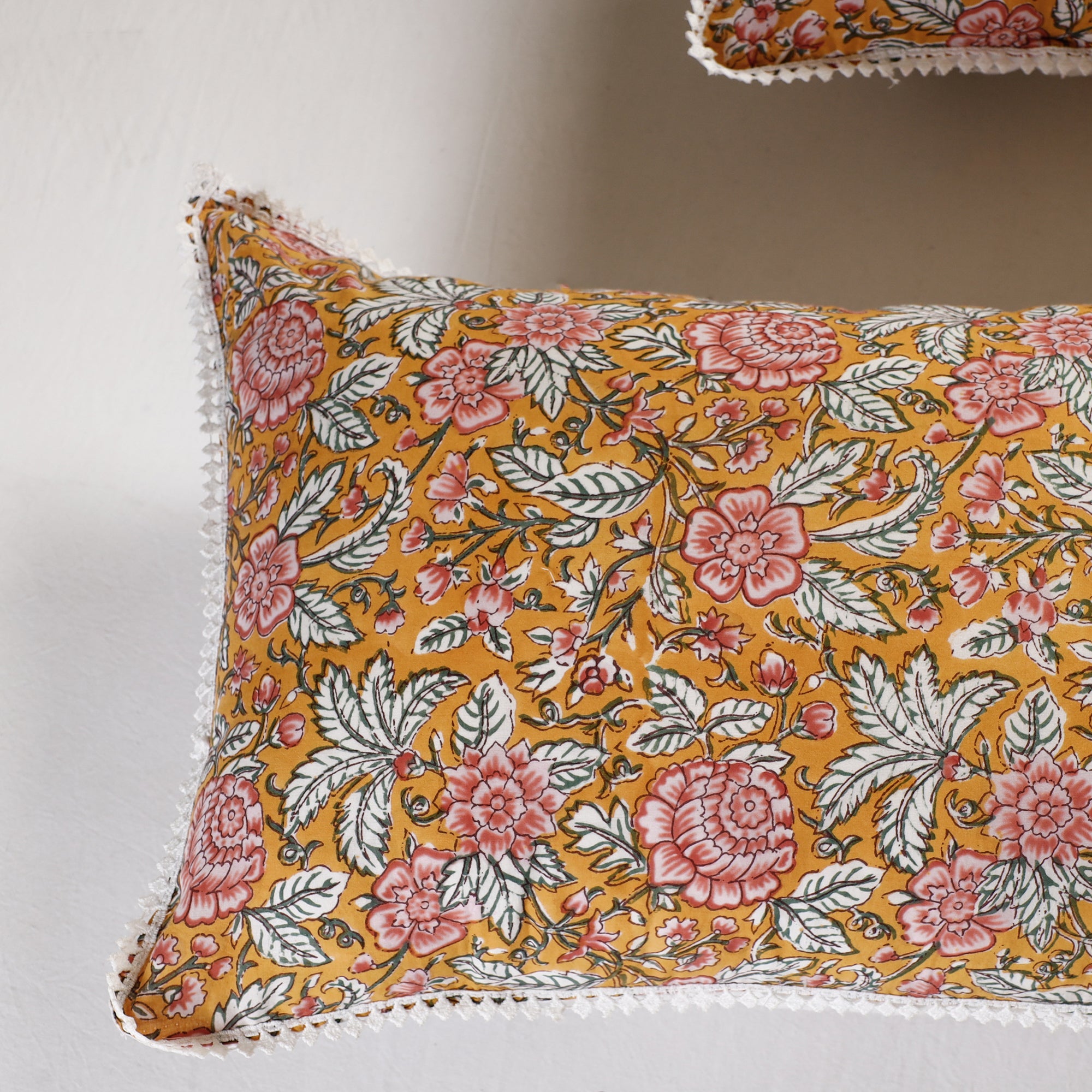 HAVELI CHRONICLES Sanganeri Block Printed Cotton Pillow Cover With Lace (26 x 16 in) - Set of 2 - view 3