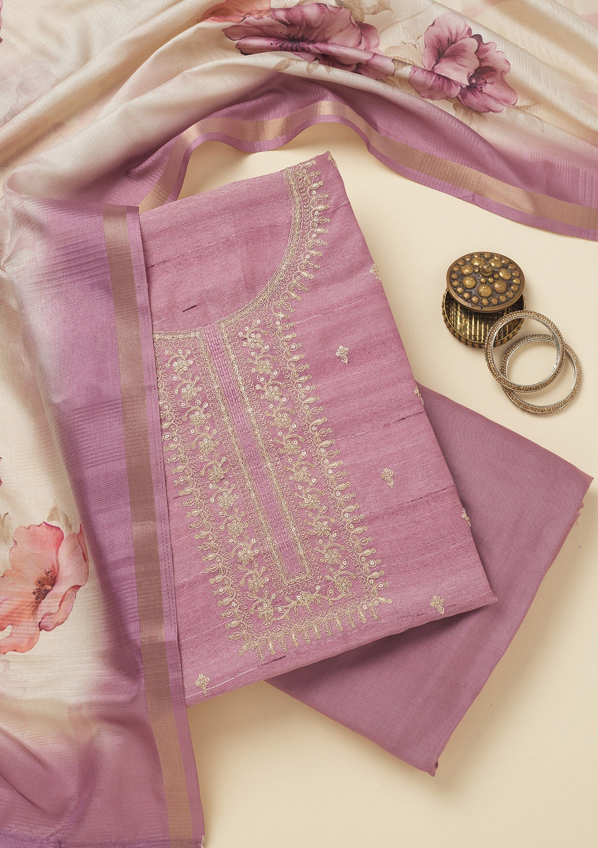 Koskii Lavender Zariwork Raw Silk Unstitched Salwar Suit