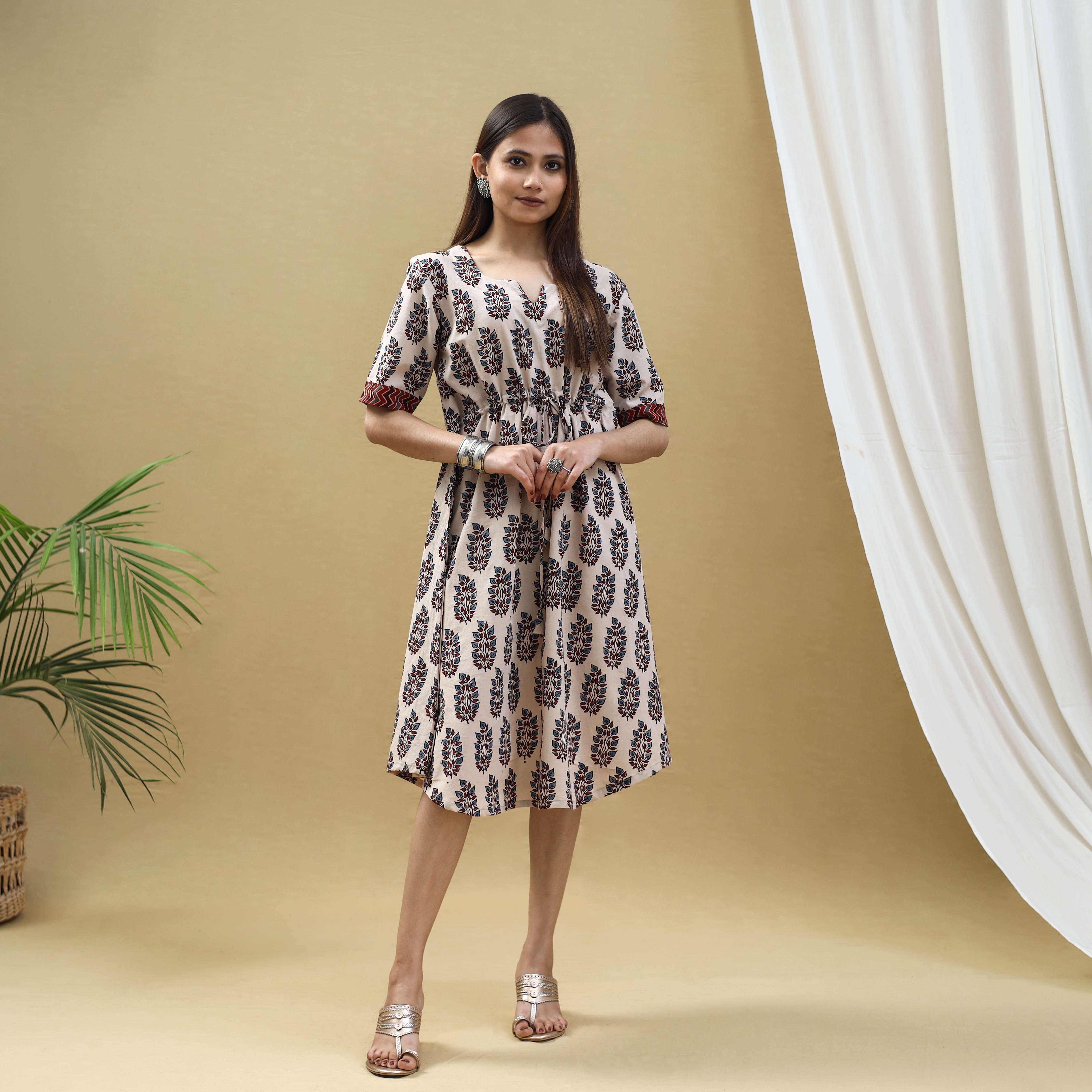 ITOKRI CASUALS Beige - Block Print Cotton Flared Short Ajrakh Dress 12