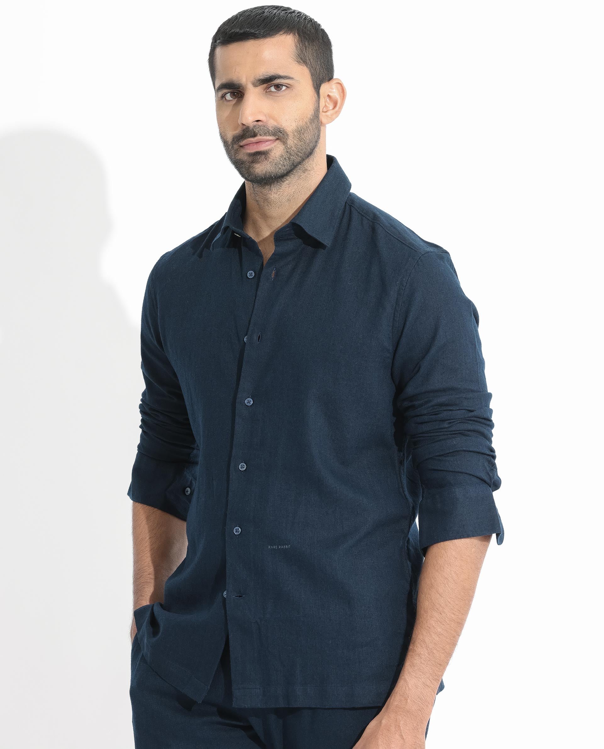 Rare Rabbit Men's Lunet Dark Navy Linen Full Sleeves Solid Shirt