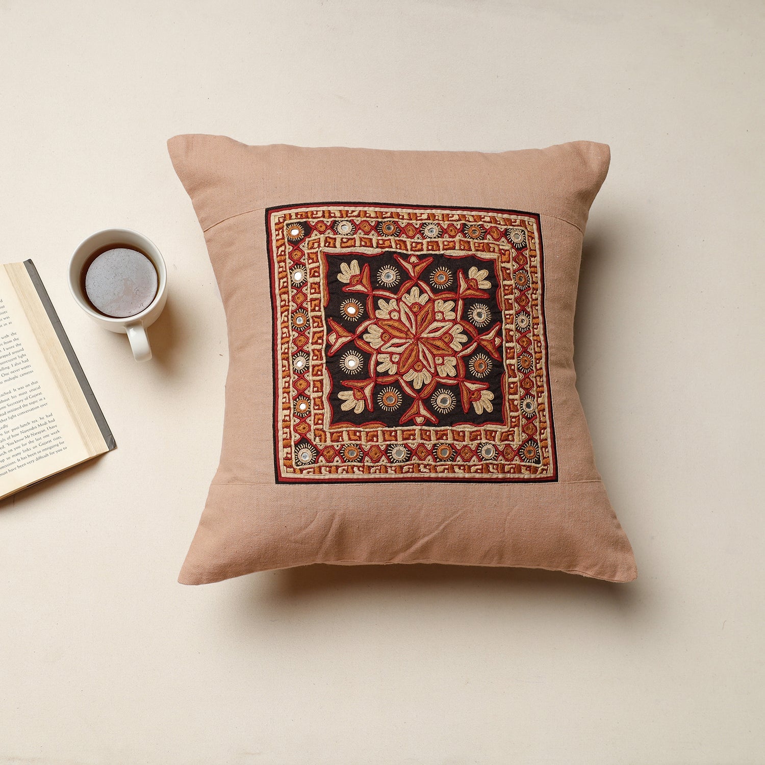 QASAB Beige - Kutch Pakko Hand Embroidery Cotton Cushion Cover (16 x 16 in)