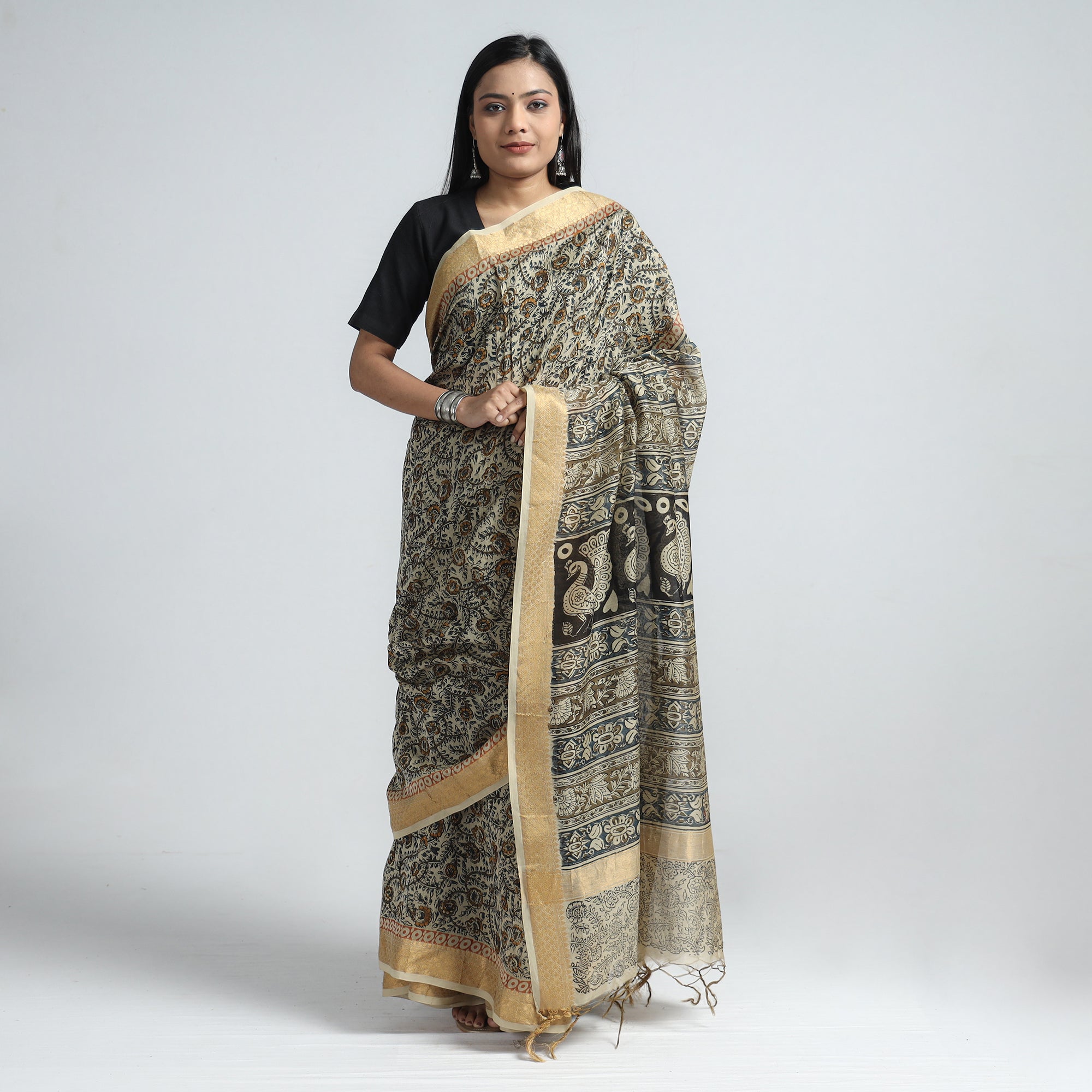 VENKATA BHANU KALAMKARI PEDANA Beige - Original Pedana Kalamkari Block Print Silk Saree - view 2