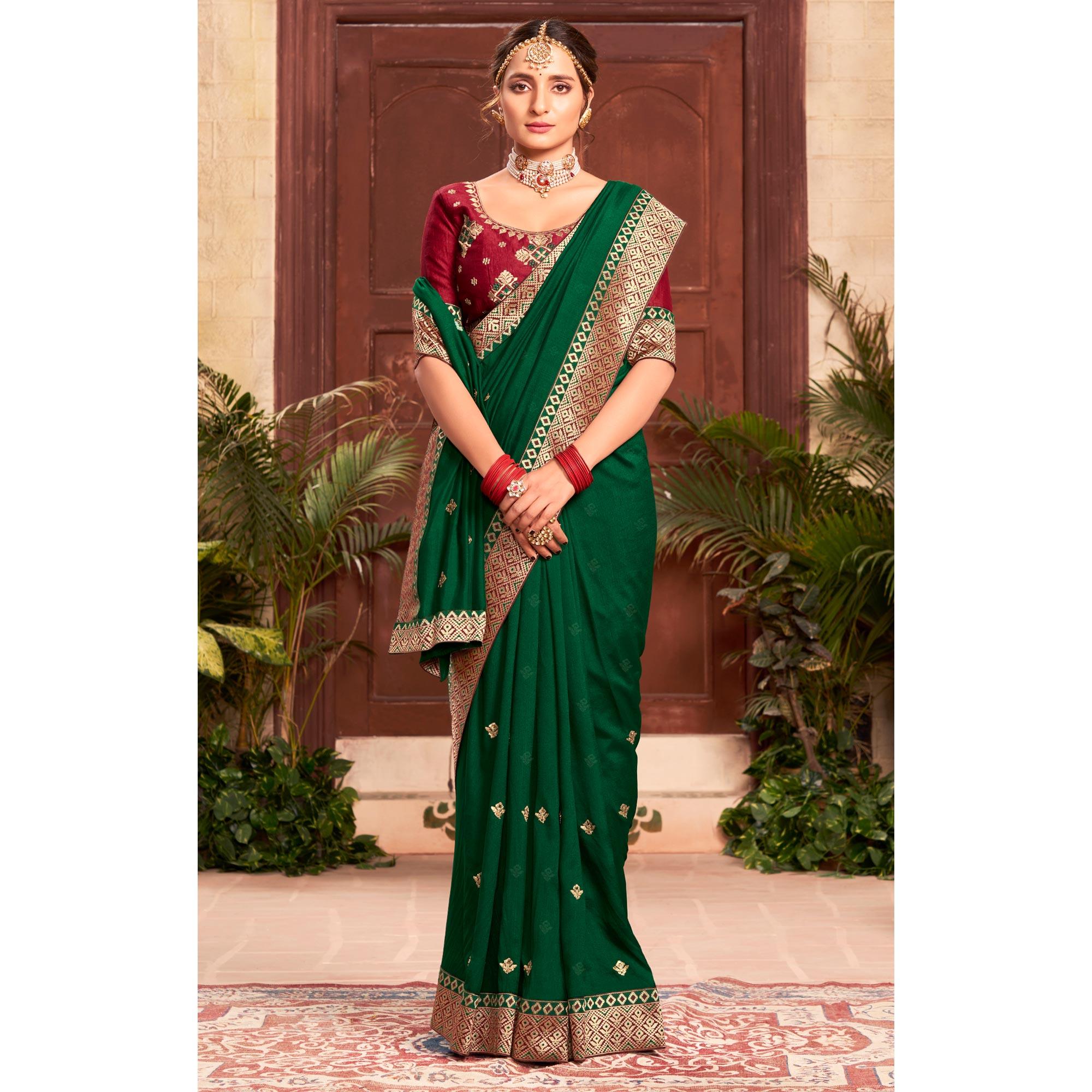 Peachmode Bottle Green Embroidered With Embellished Vichitra Silk Saree - view 4