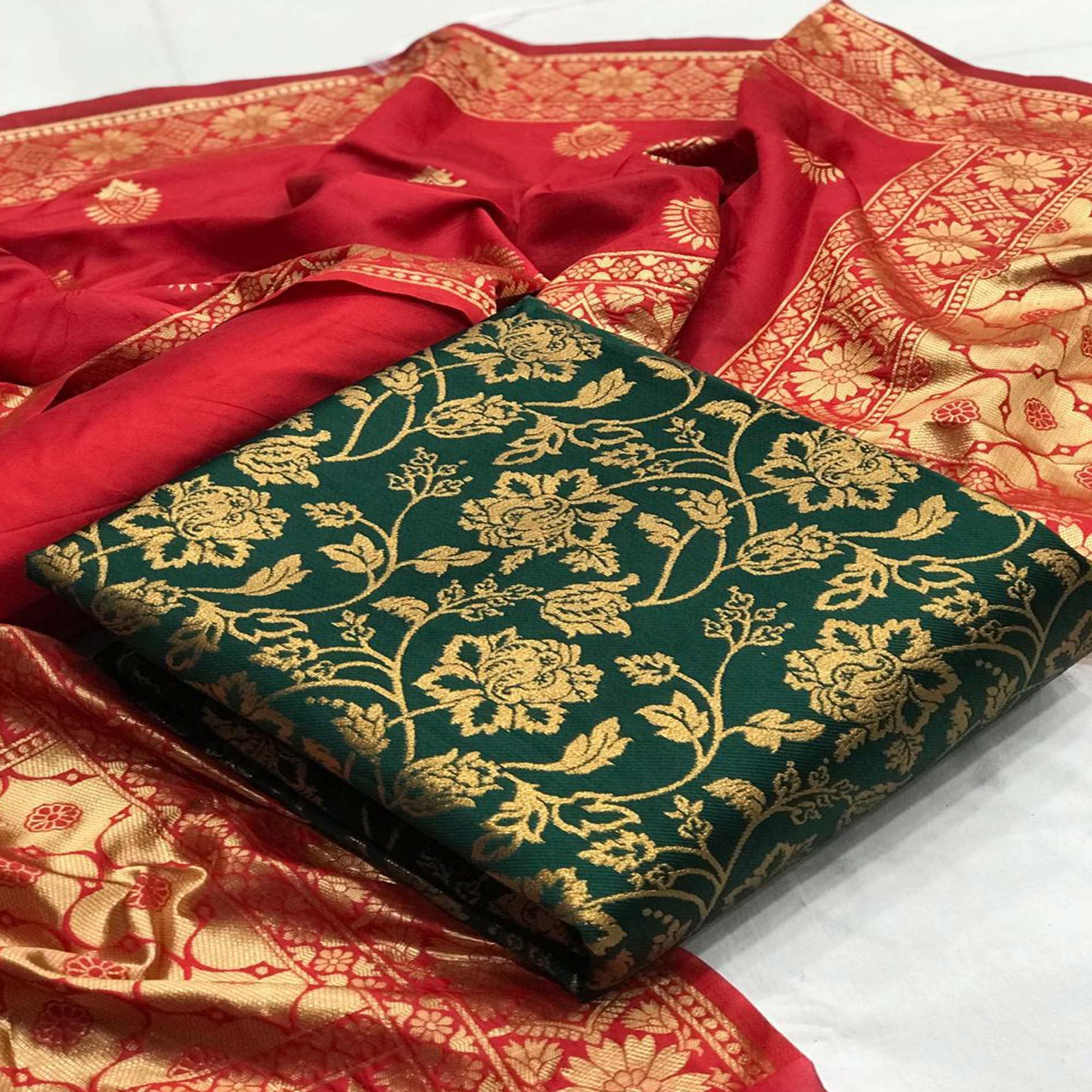 Peachmode Jazzy Green Colored Casual Wear Woven Banarasi Silk Dress Material