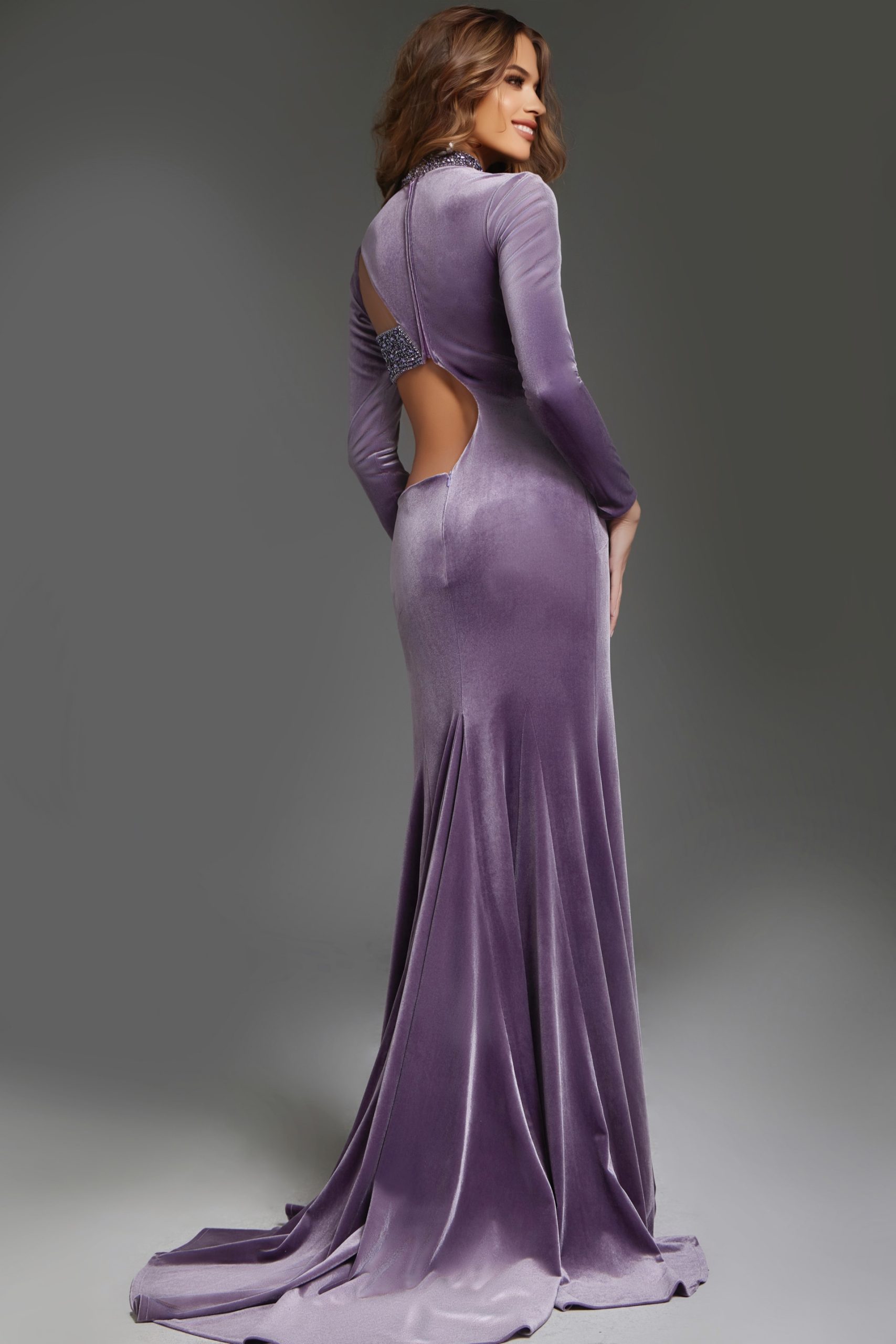 Velvet Fitted Long Sleeve Slit Gown by Jovani 40124 - view 2
