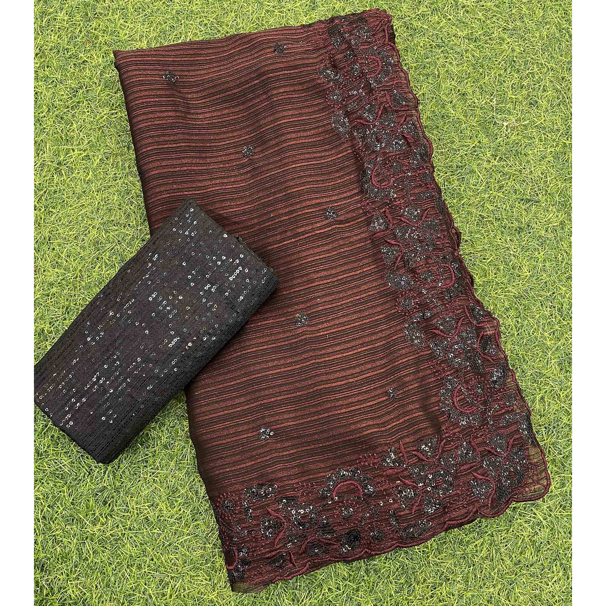 Peachmode Dark Maroon Sequins Embroidered Chiffon Saree