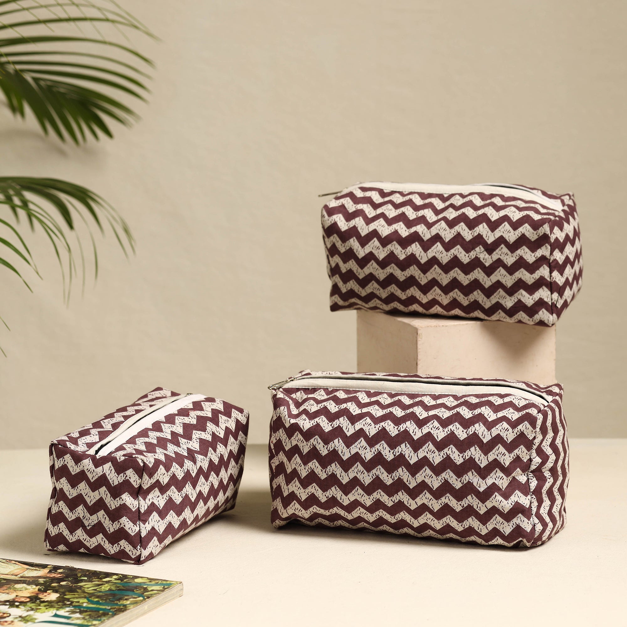 NOORI BAZAR Brown - Handmade Cotton Toiletry Bags (Set of 3) 12