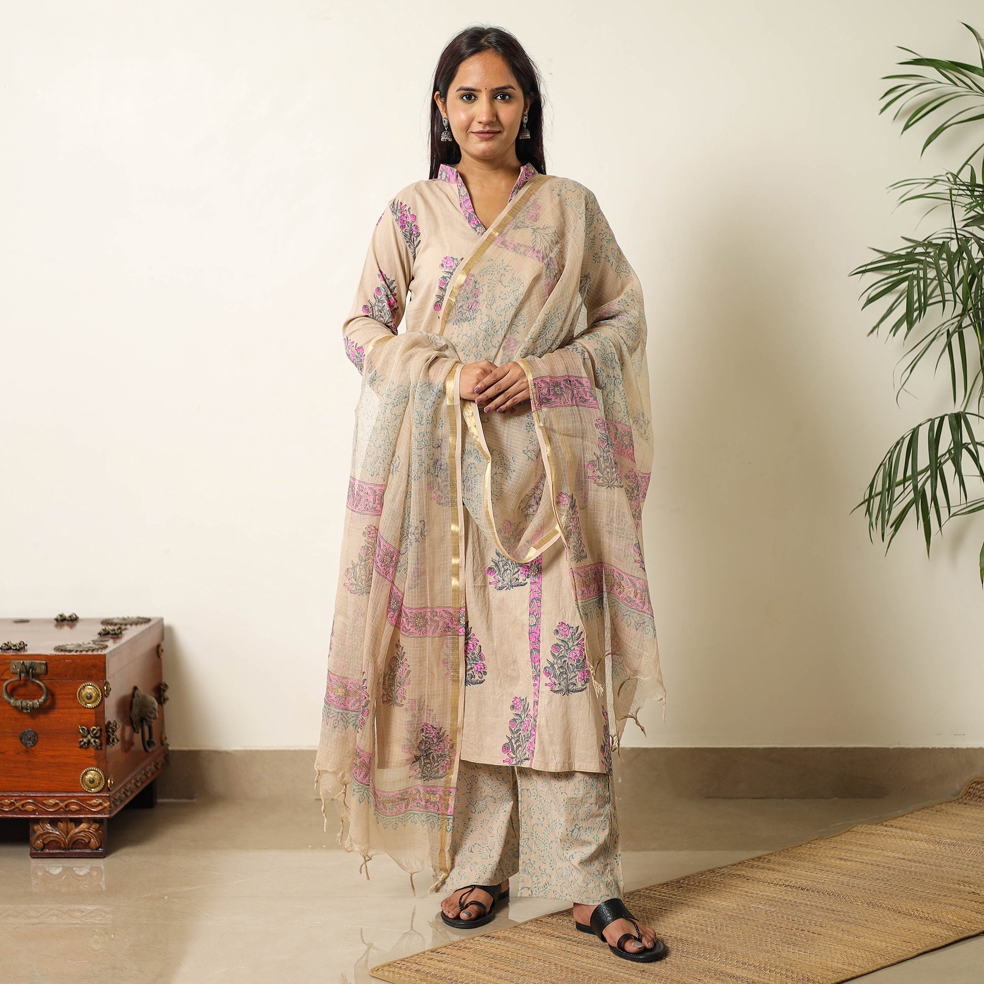 ITOKRI CASUALS Brown - Sanganeri Block Printed Cotton Kurta with Palazzo & Dupatta Set 01 - view 2