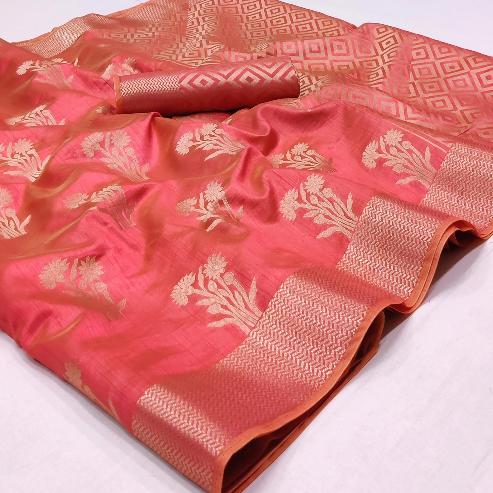 Peachmode Dark Gajari Woven Raw Silk Saree – Women's
