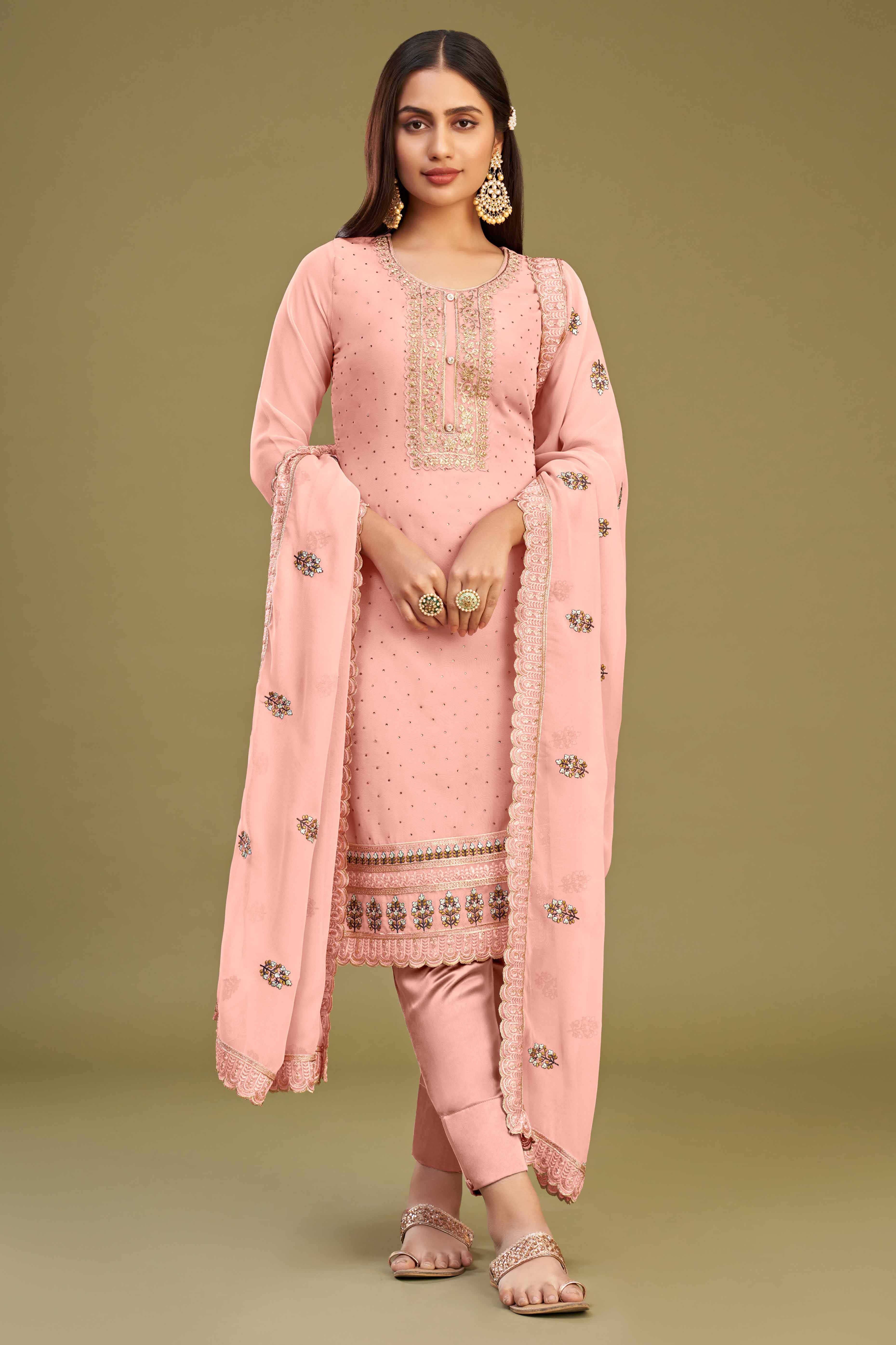 Peachmode Seller Gajari Pink Floral Embroidery With Swarovski Work Georgette Semi Stitched Suit