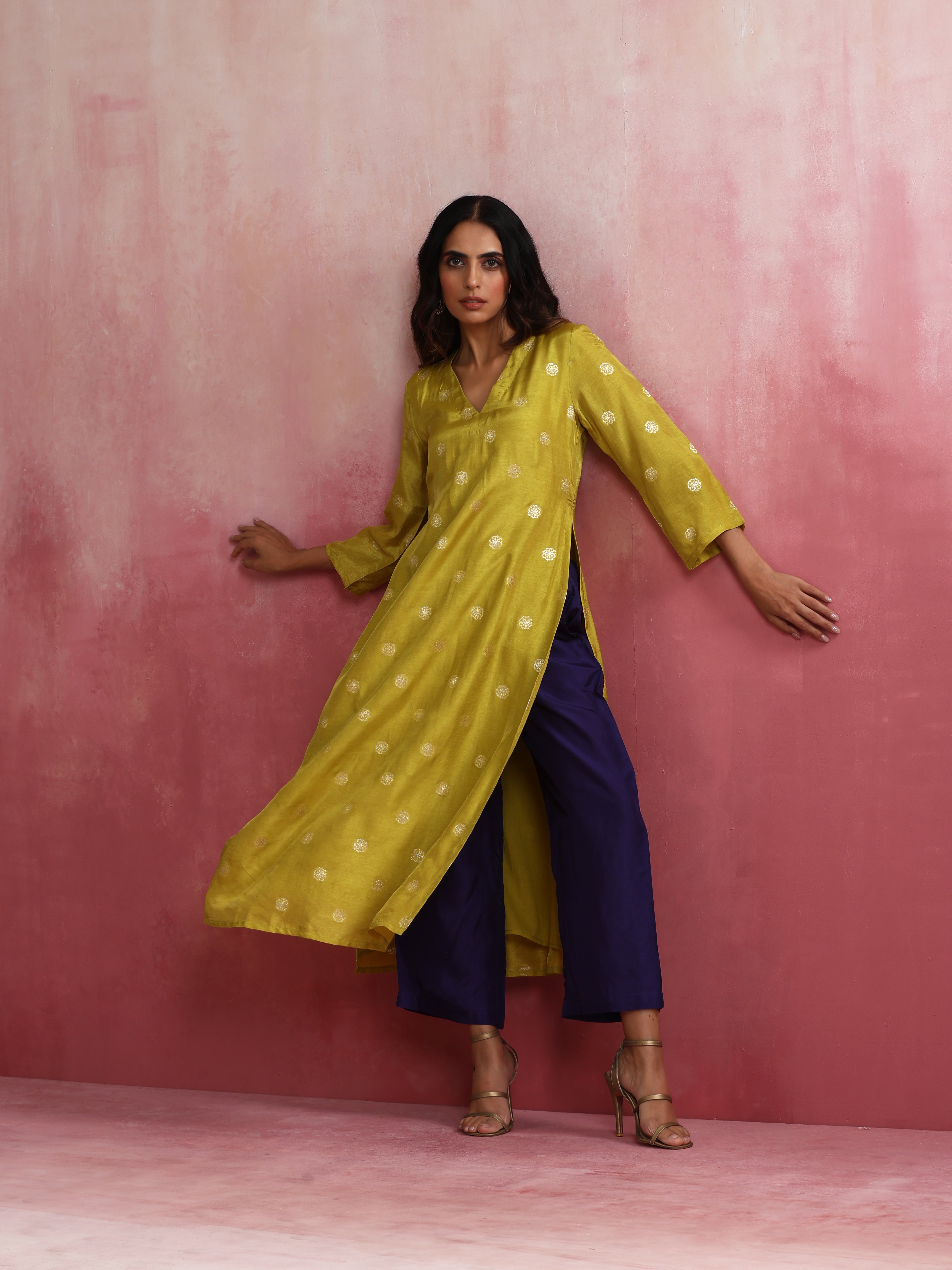 trueBrowns Lime Viscose Silk Kurta Set - view 2