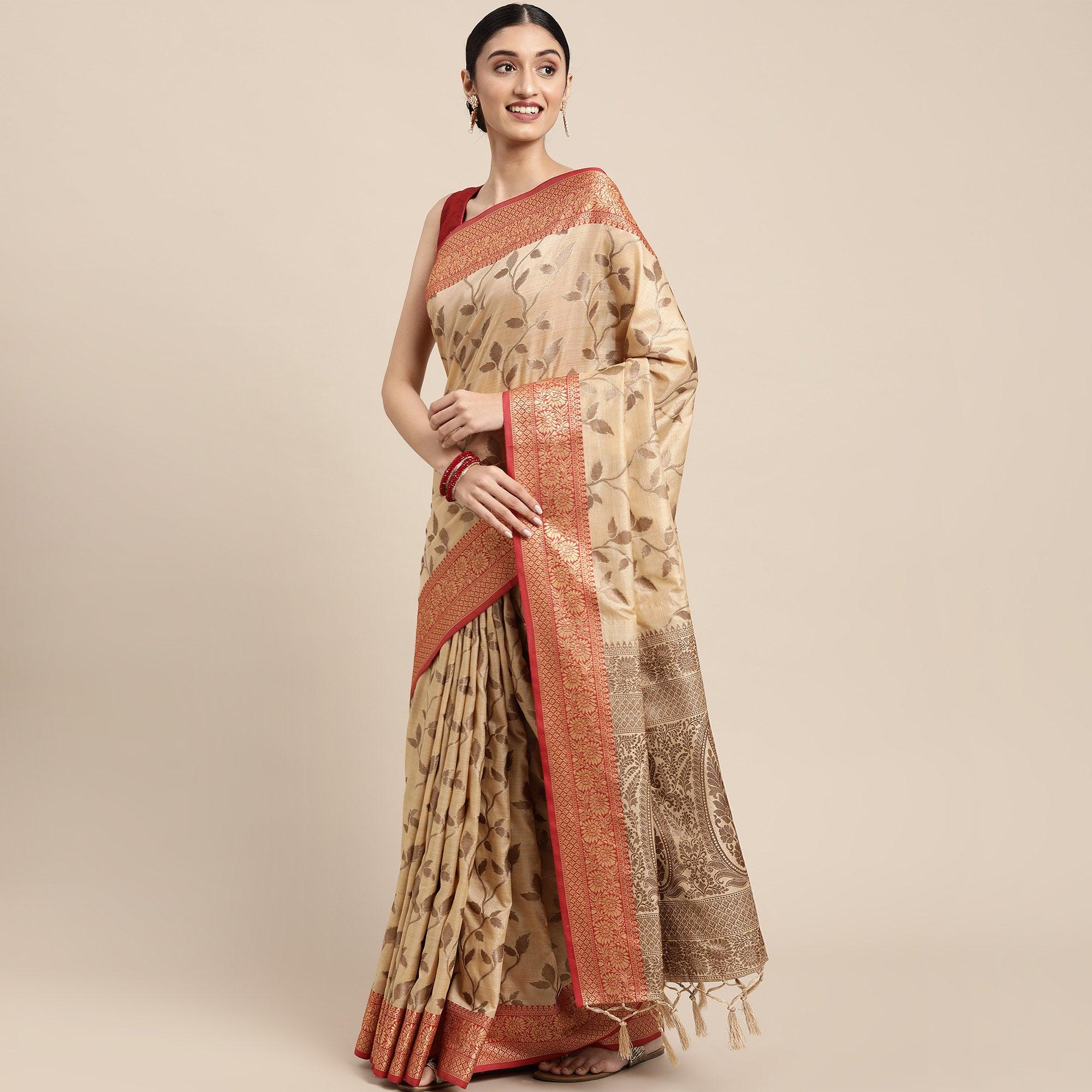 Peachmode Chikoo Woven Cotton Silk Saree With Tassels - view 3