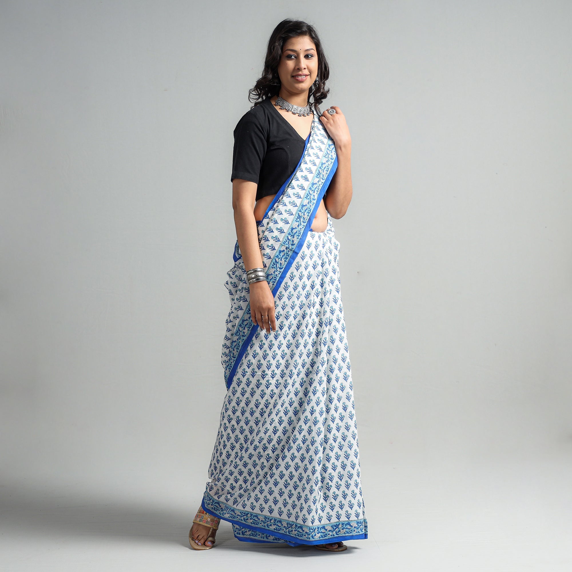SANTOSH KUMAR DHANOPIA Blue - Block Printed Mul Cotton Sanganeri Saree - view 2