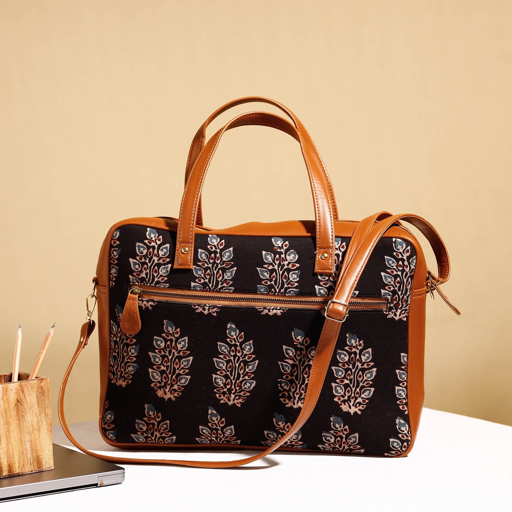 ITOKRI CRAFTS INITIATIVE Black - Handcrafted Ajrakh Block Printed Cotton Laptop Bag (15 x 13 in)