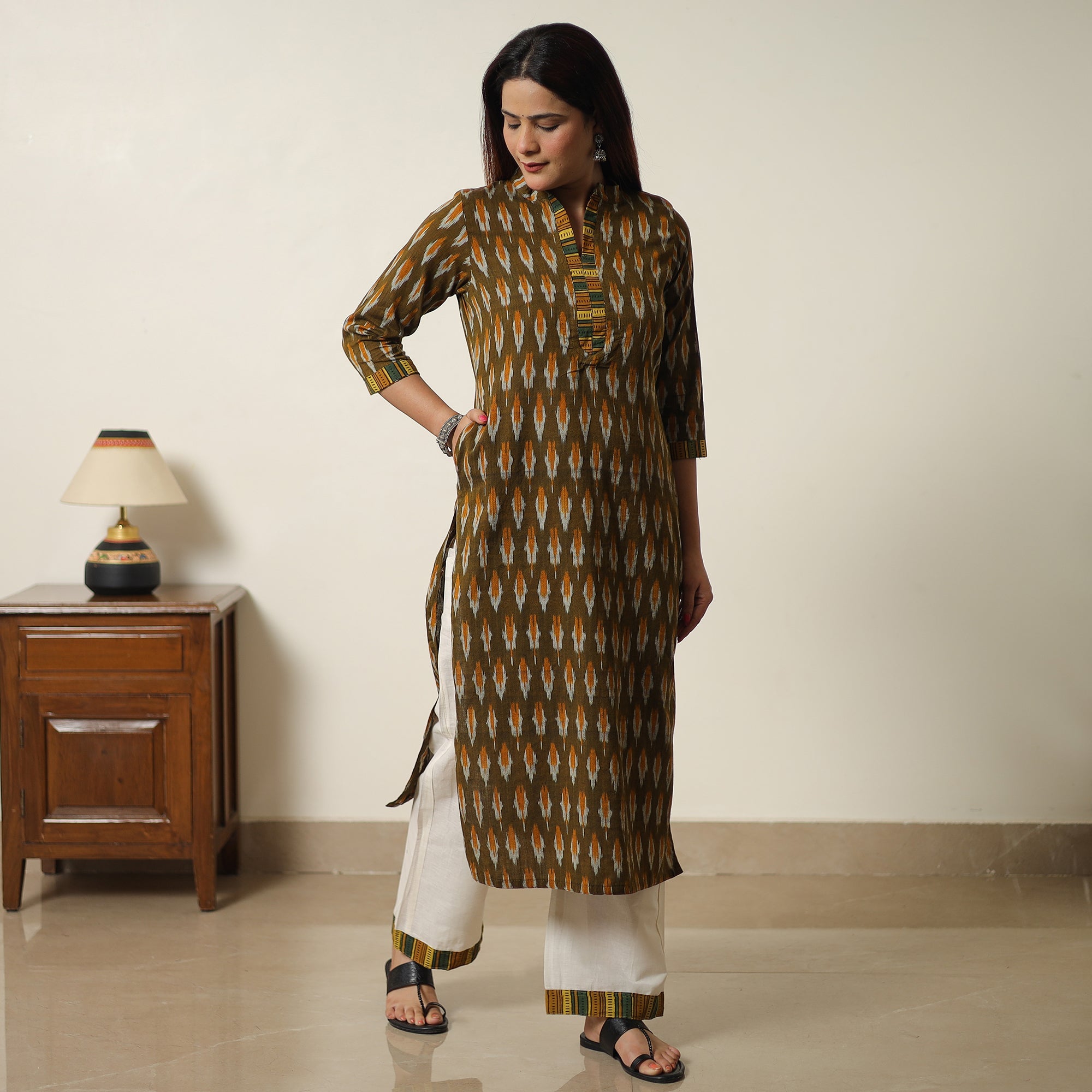ITOKRI CASUALS Brown - Pochampally Ikat Weave Cotton Kurta with Palazzo & Dupatta Set 08 - view 4