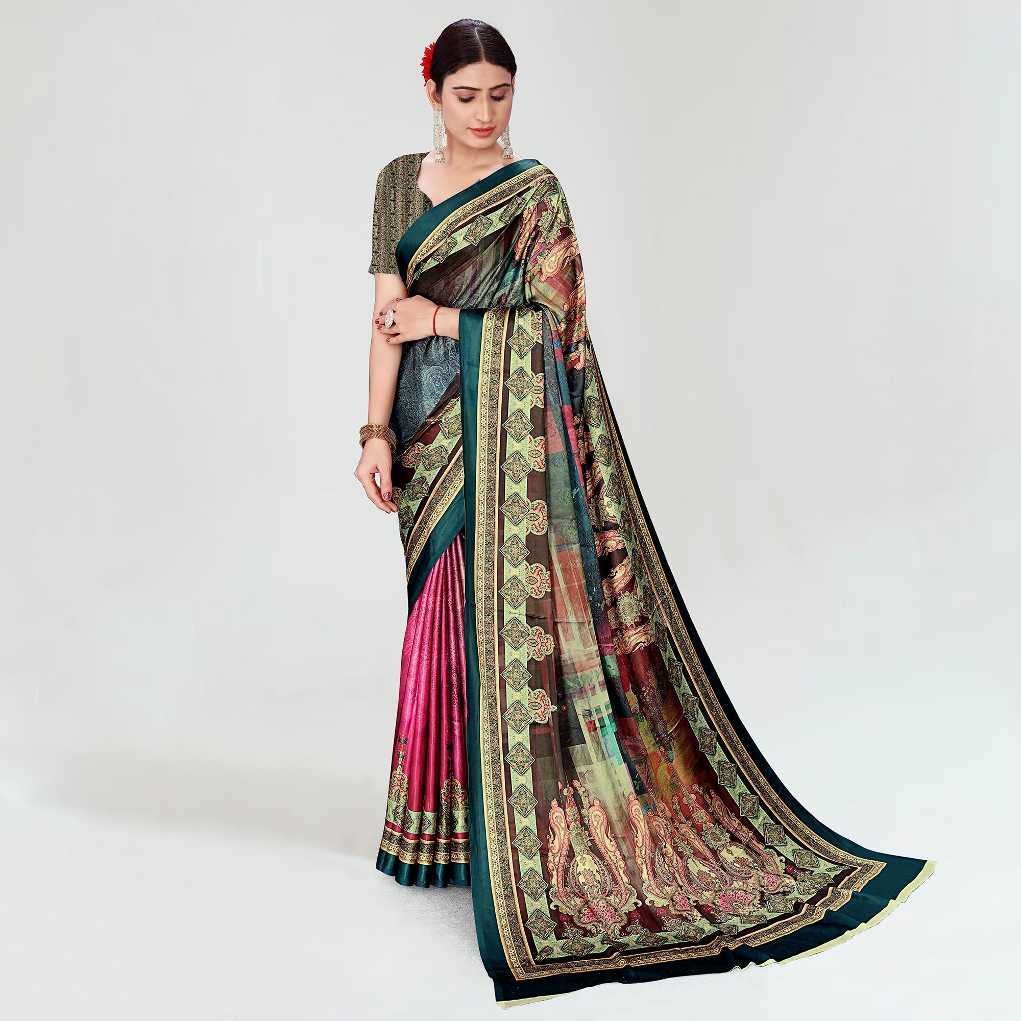 Peachmode Multicolor Digital Printed Satin Saree