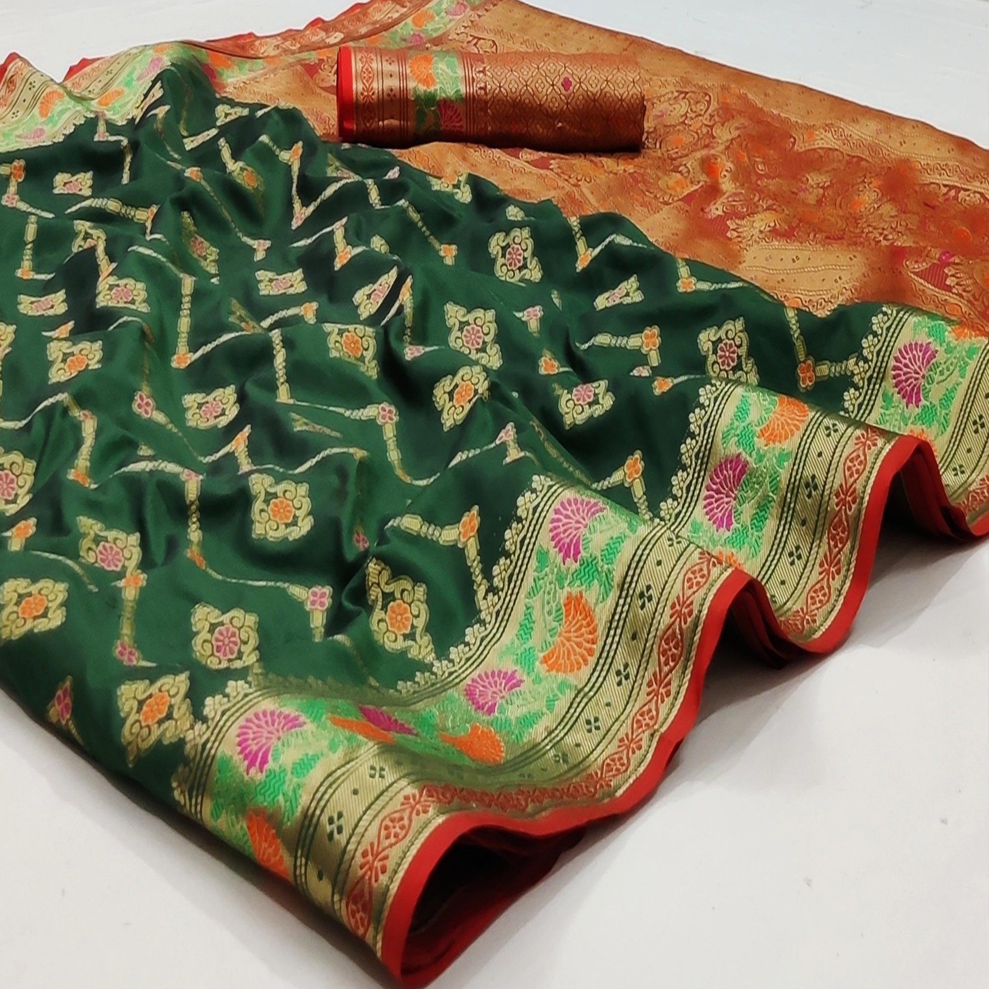 Peachmode Bottle Green Festive Wear Floral Woven Soft Silk Saree With Jacquard Border