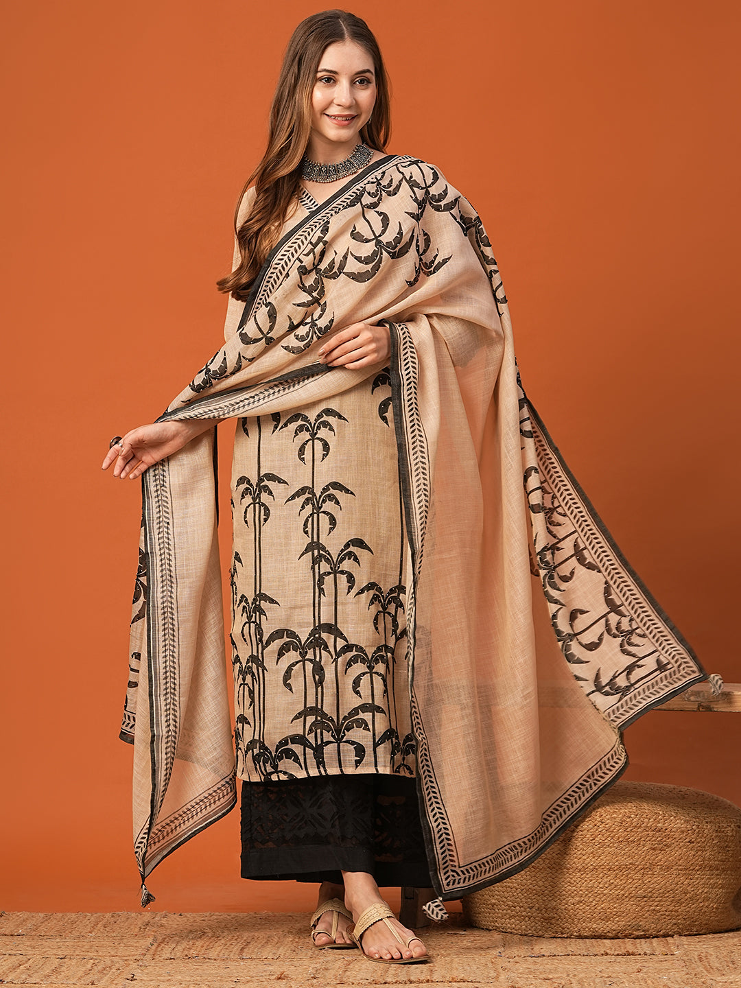 Fashor Ethnic Floral Printed & Embroidered Straight Kurta with Dupatta - Beige
