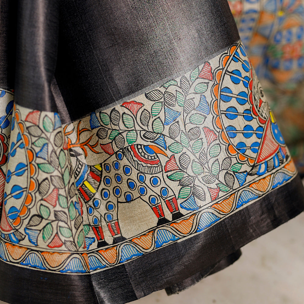 DIORAMA DESIGNS Black - Madhubani Hand-Painted Radha Krishna Tussar Silk Saree - view 8