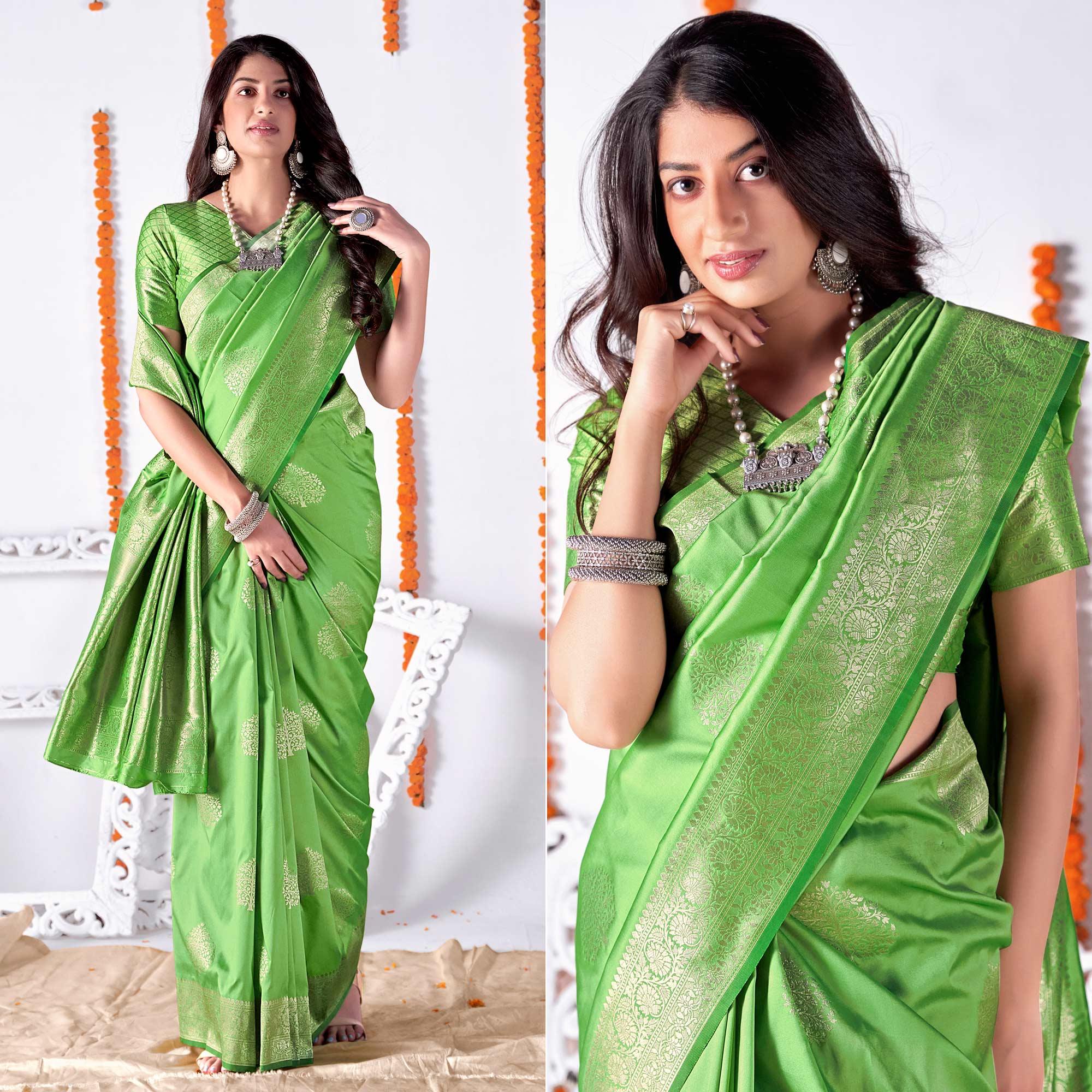 Peachmode Mint Green Woven Banarasi Silk Saree
