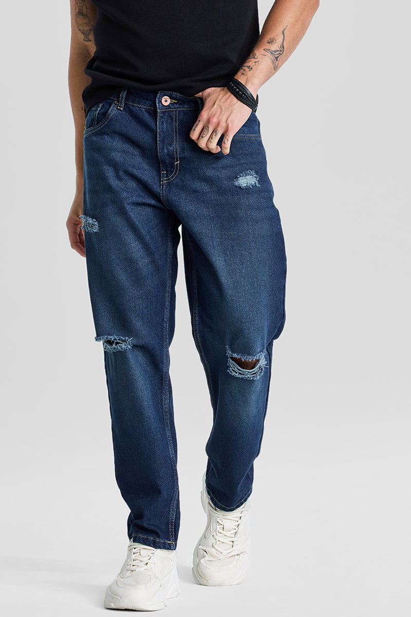SNITCH Navy Distressed Baggy Fit Jeans - view 4