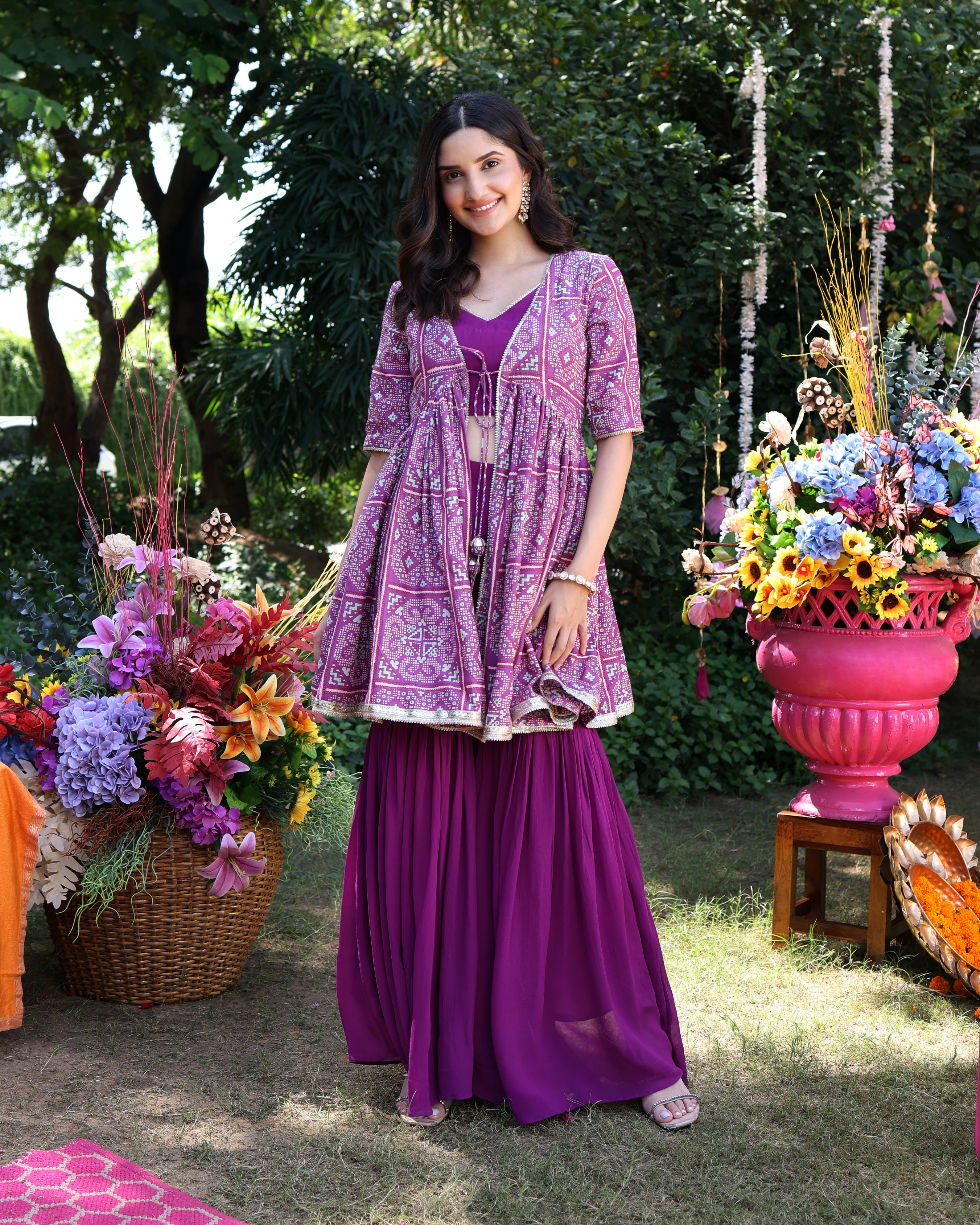 Aachho Geometric Purple Elegance Printed Satin Sharara Set - view 11