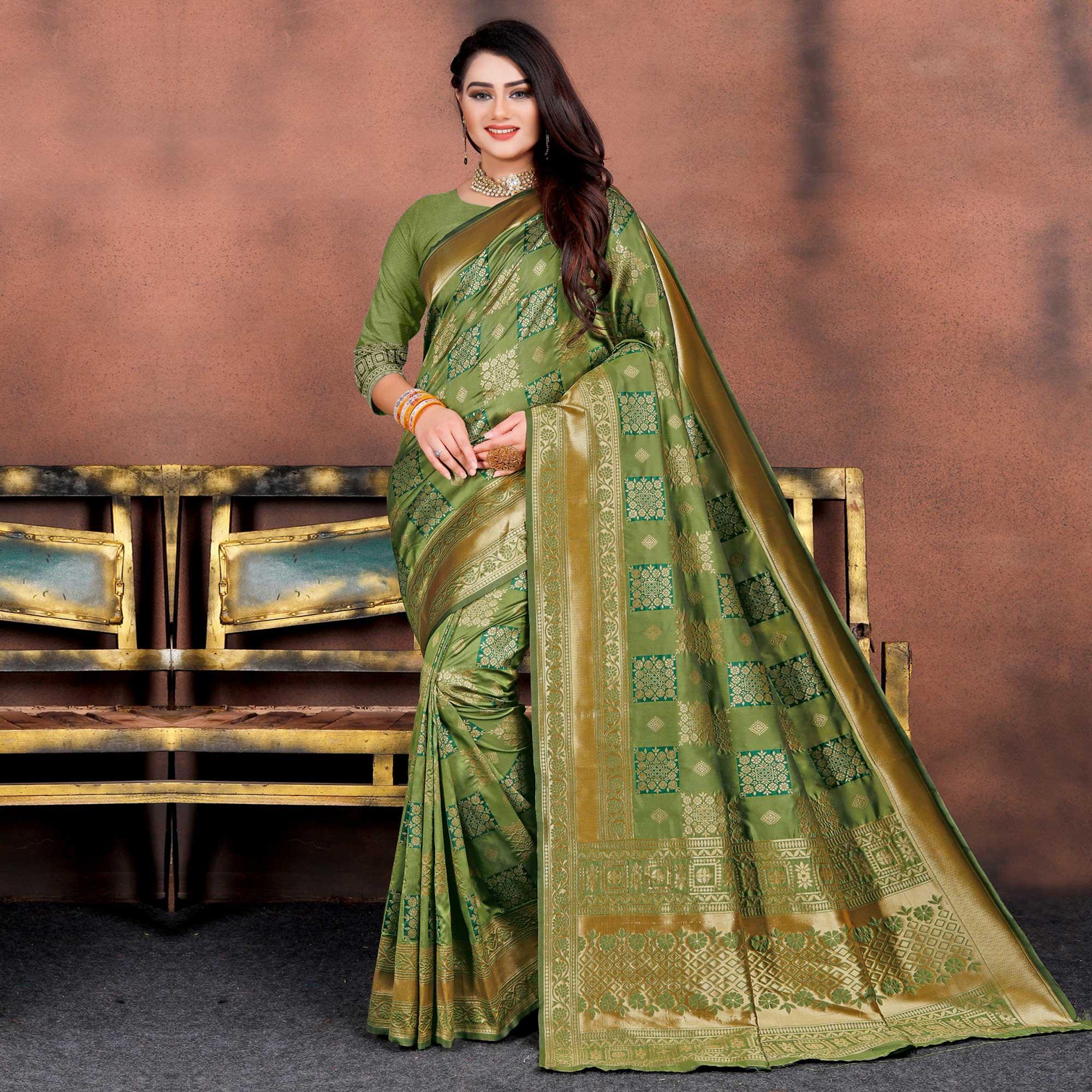 Peachmode Energetic Green Colored Festive Wear Woven Silk Saree