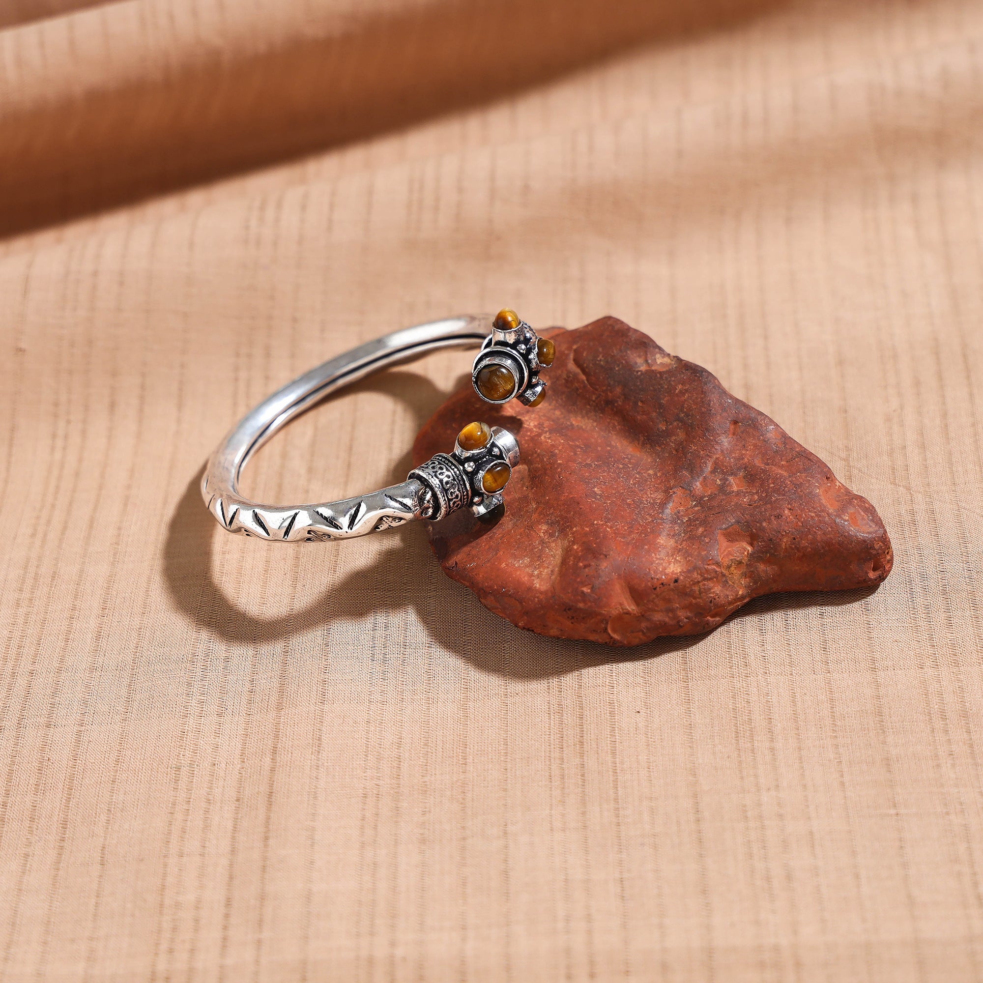 WHITE RIVER STORIES Antique Finish Oxidised German Silver Stone Bangle / Kada (Adjustable)
