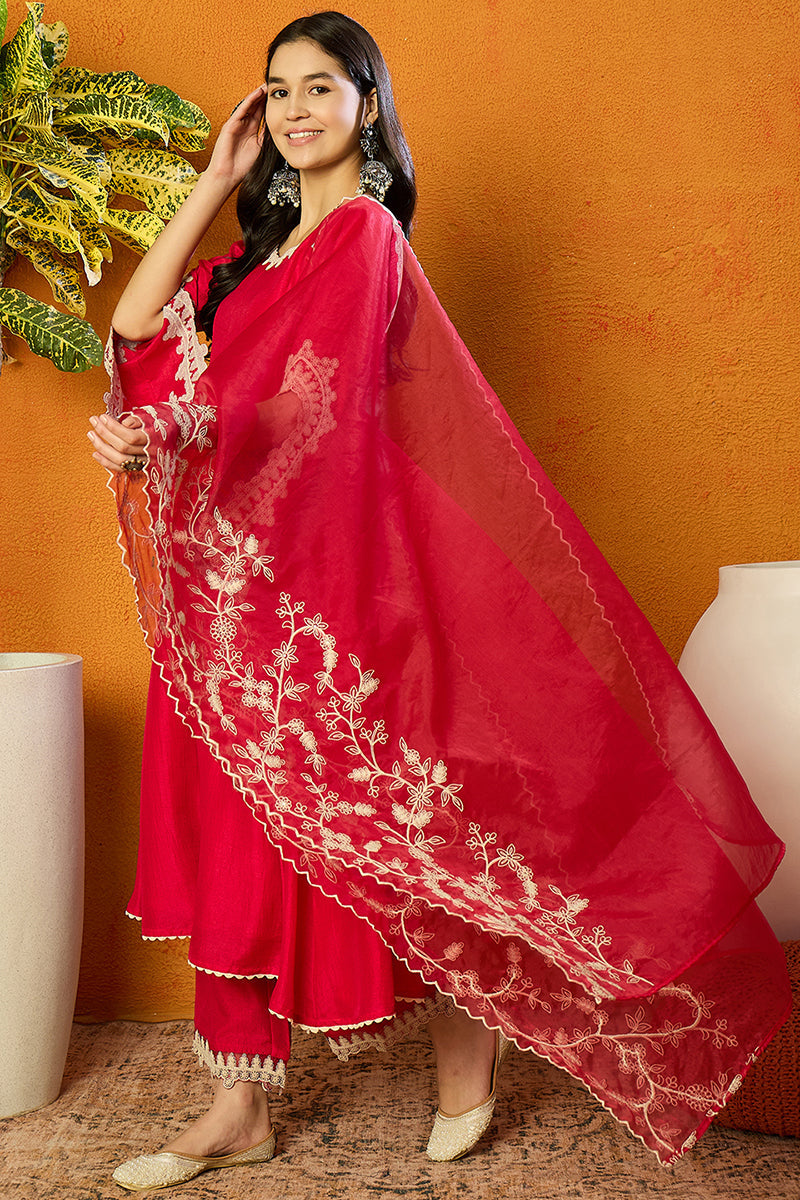 Ahika Fuchsia Pink Silk Blend Solid Embroidered Flared Suit Set PKSKD2365 - view 3