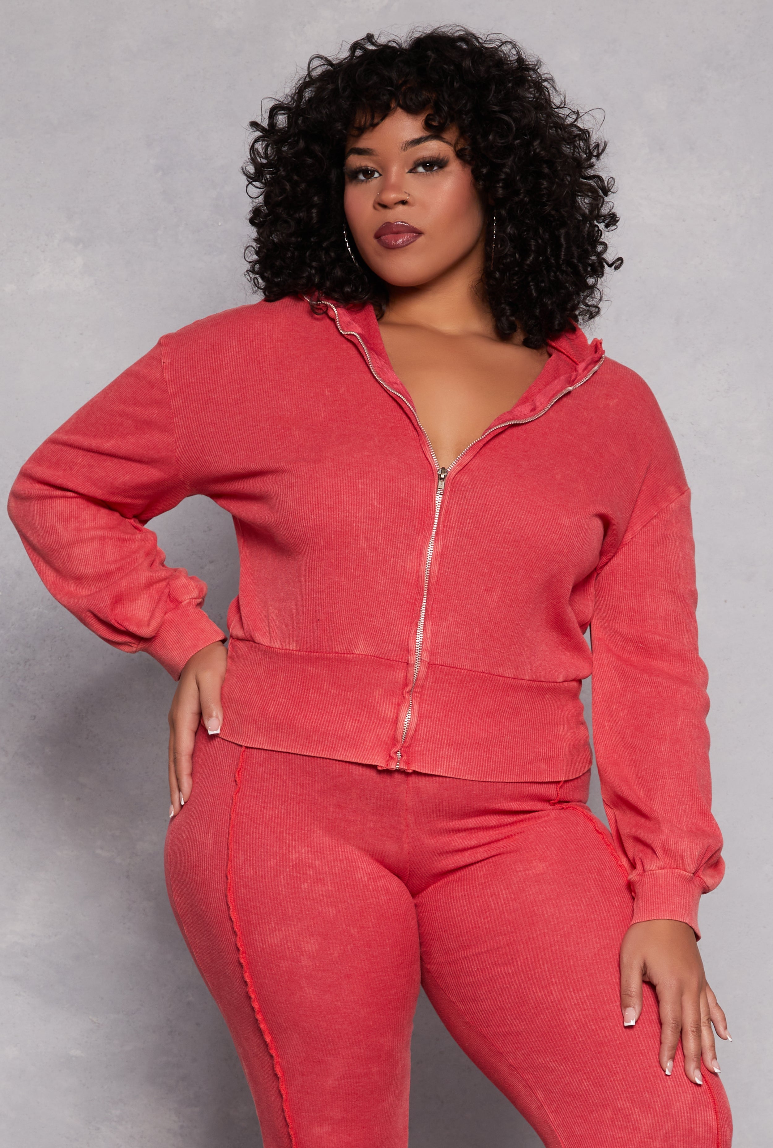 Rainbow Shops Plus Size Acid Wash Zip Front Top
