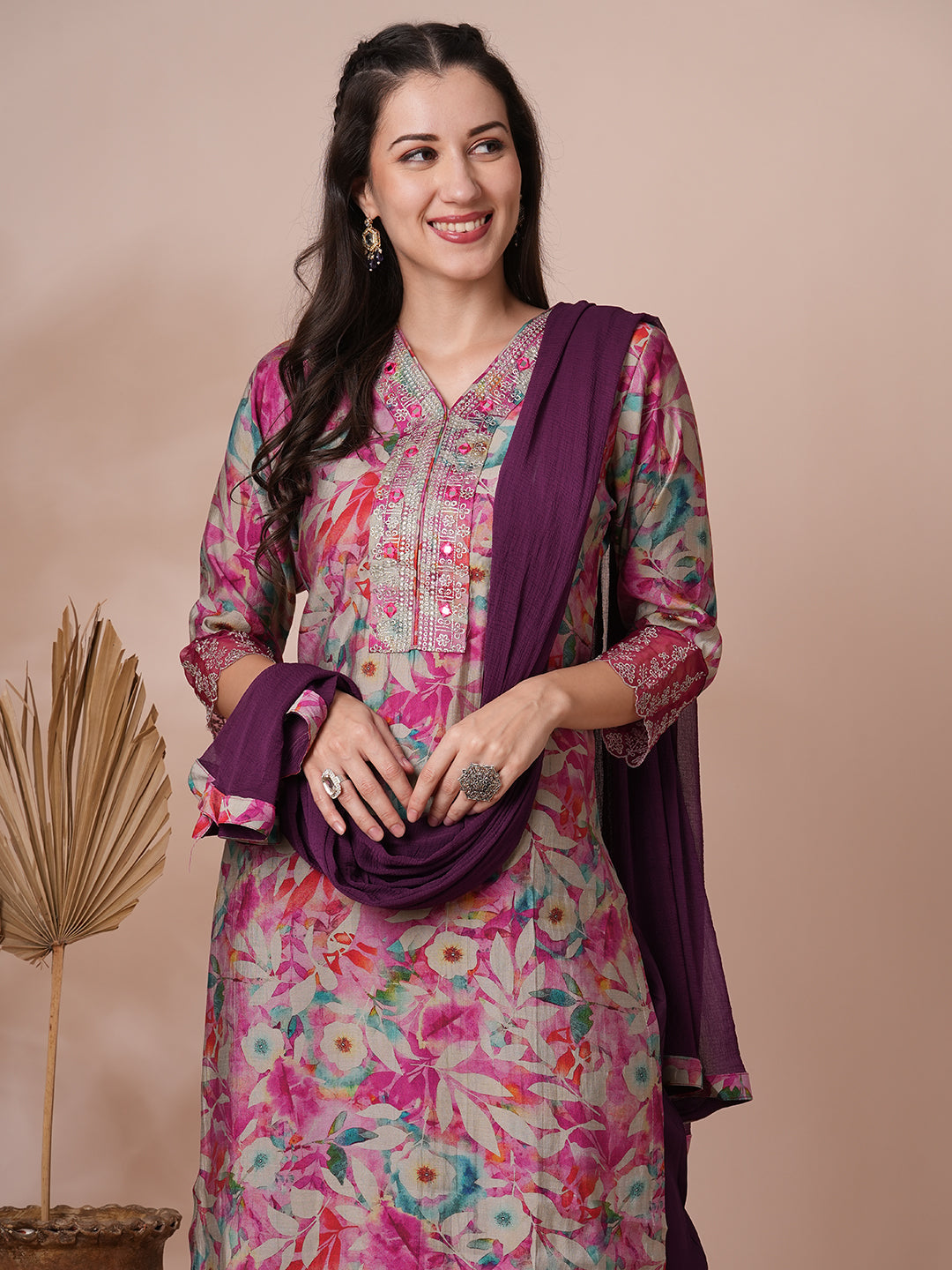 FASHOR Floral Printed & Embroidered Straight Fit Kurta with Pant and Dupatta - Pink - view 3
