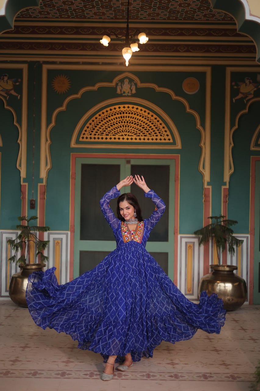 ClothsVilla Blue Bandhani Print Faux Georgette Gown with Kutchi Patchwork - view 2